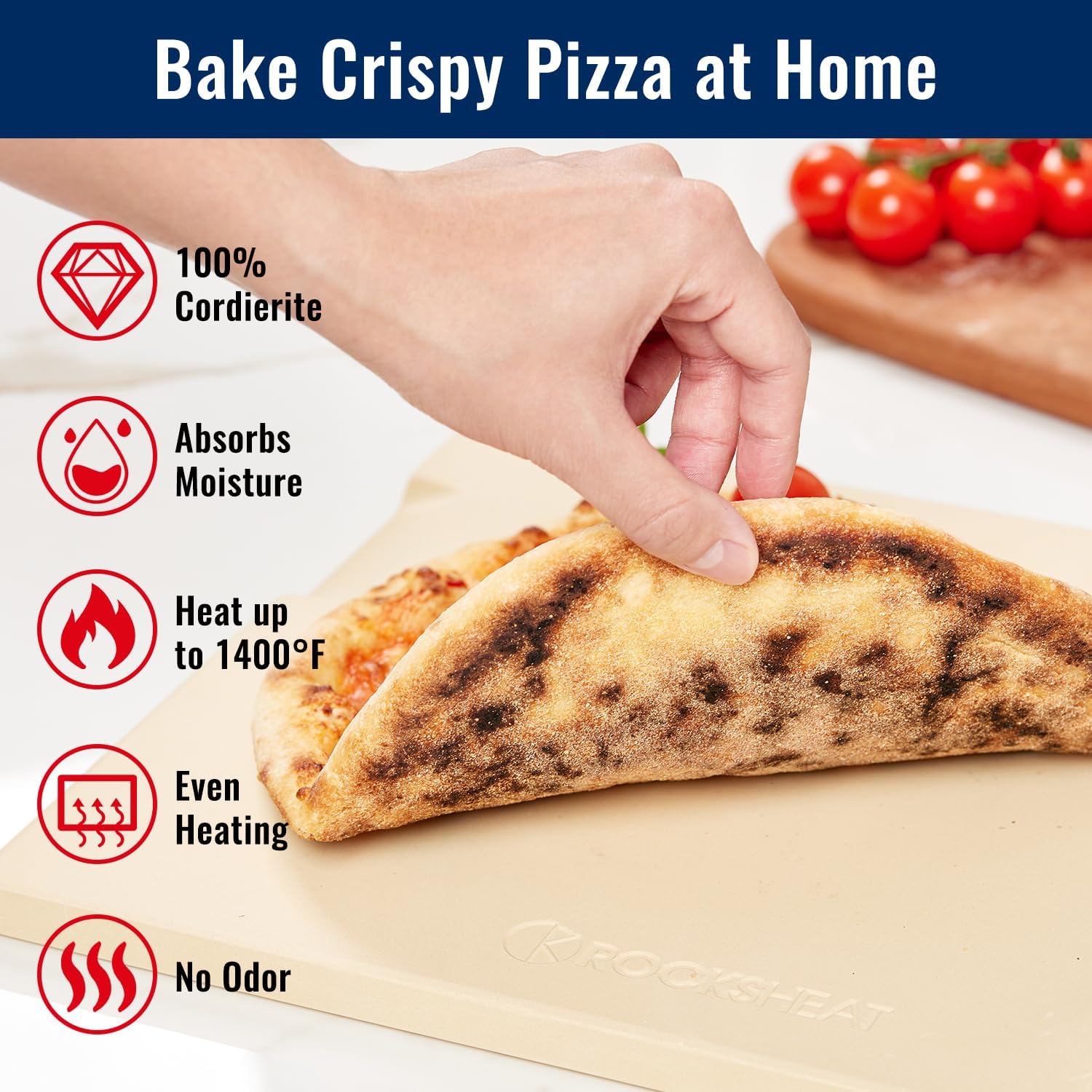 Pizza Stone for Oven and Grill, 15x12 Inch Cordierite Baking Stone with 4 Built-in Handles, 7.4lbs Heavy Duty Thermal