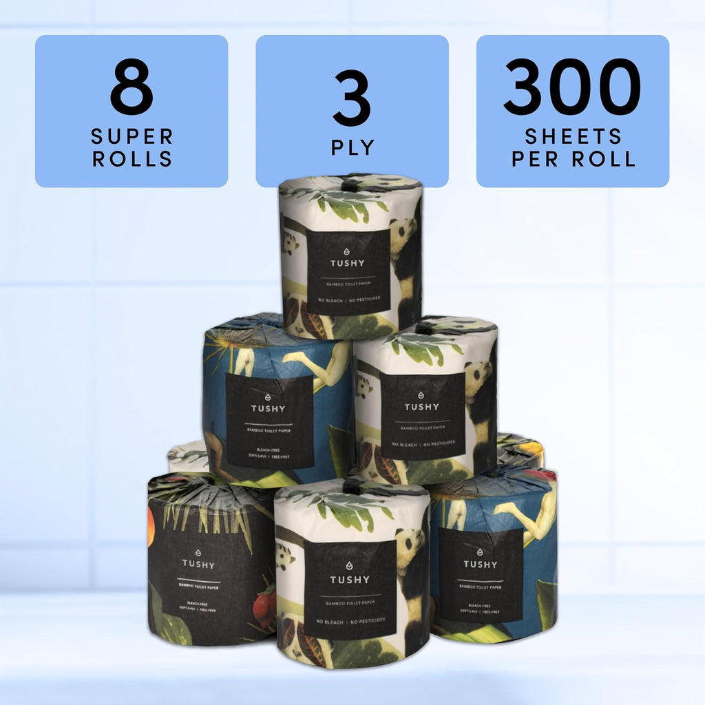 Premium Bamboo Toilet Paper, 3 Ply, 300 Sheets Per Roll, 8 Pack