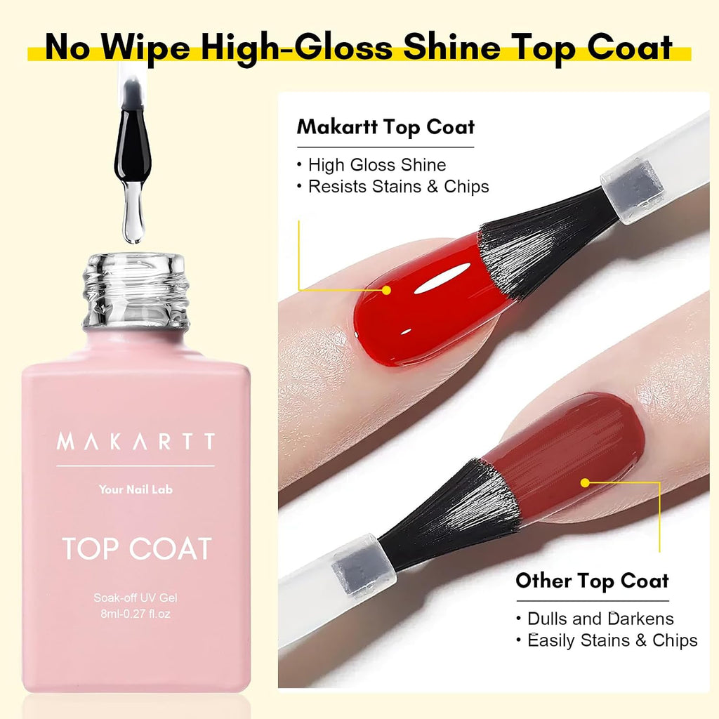 Gel Top Coat and Base Coat Set: 2 PCS No Wipe Clear Gloss Shiny | Clear, Stain Resistant, UV Top Coat Nail Polish for