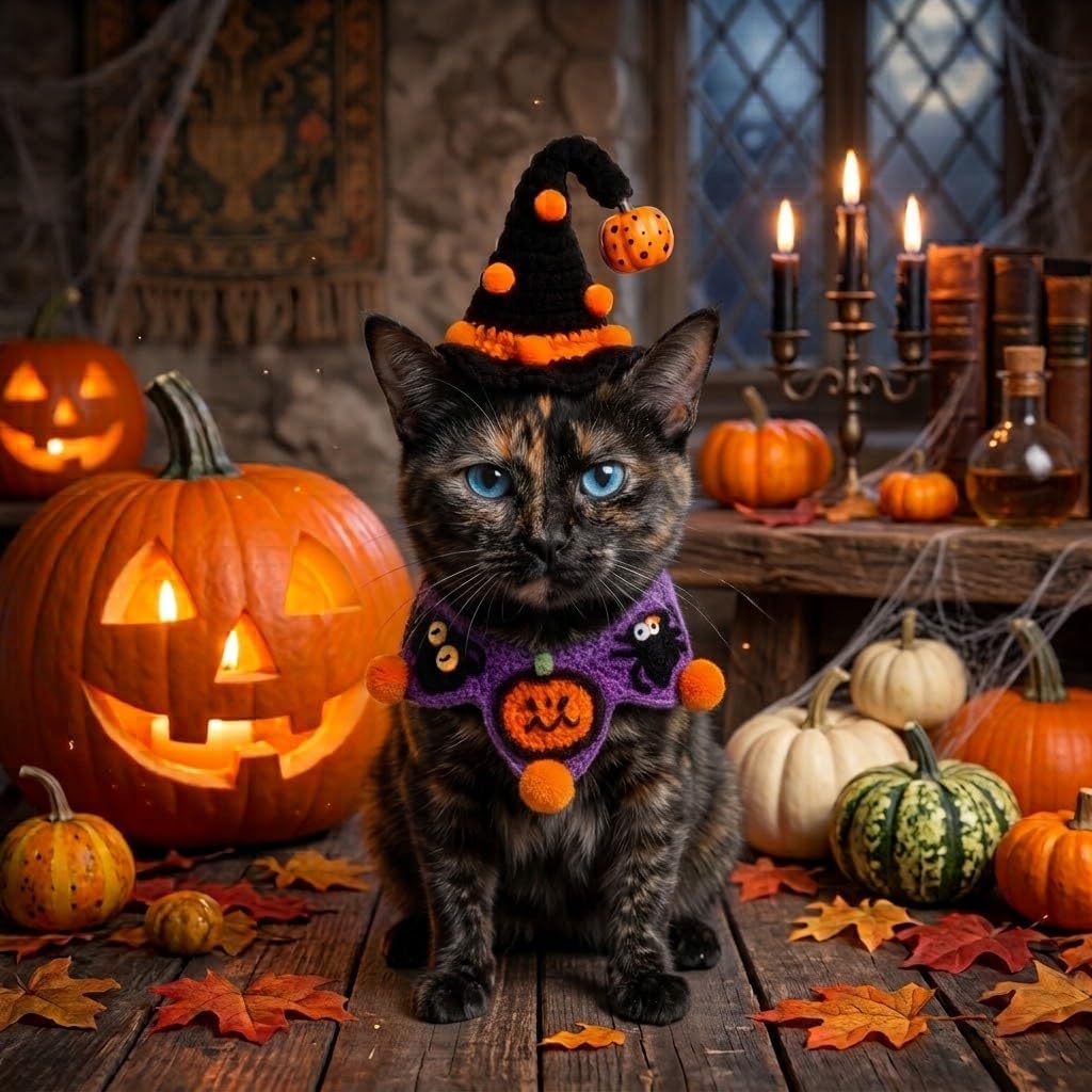 Halloween Dog Costume - Black Witch Hat & Halloween Outfit for Cats and Small Sized Dogs,Handmade Festive Halloween