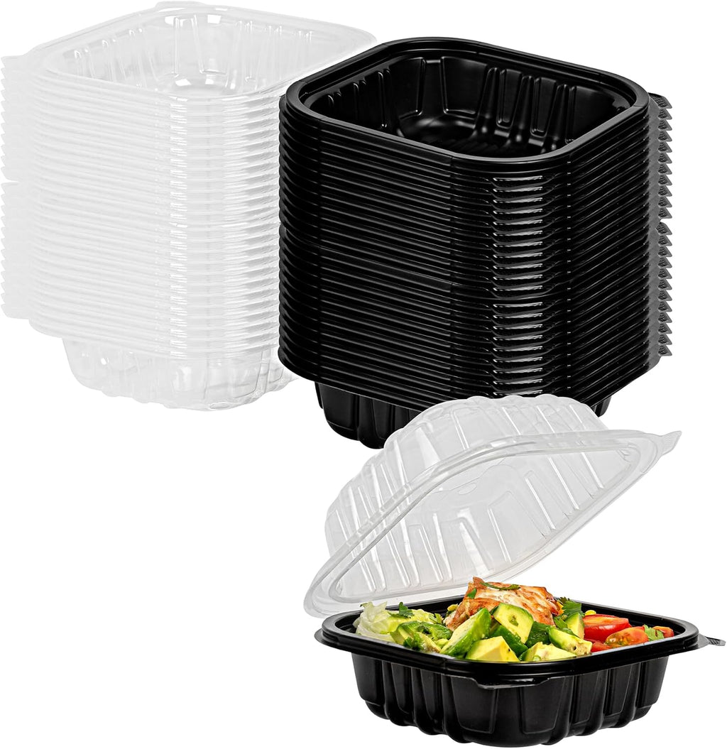 Thermo Tek 16 Ounce Clamshell Containers, 50 Disposable Take Out Boxes - Ventilated Lids, Microwavable, Black Plastic