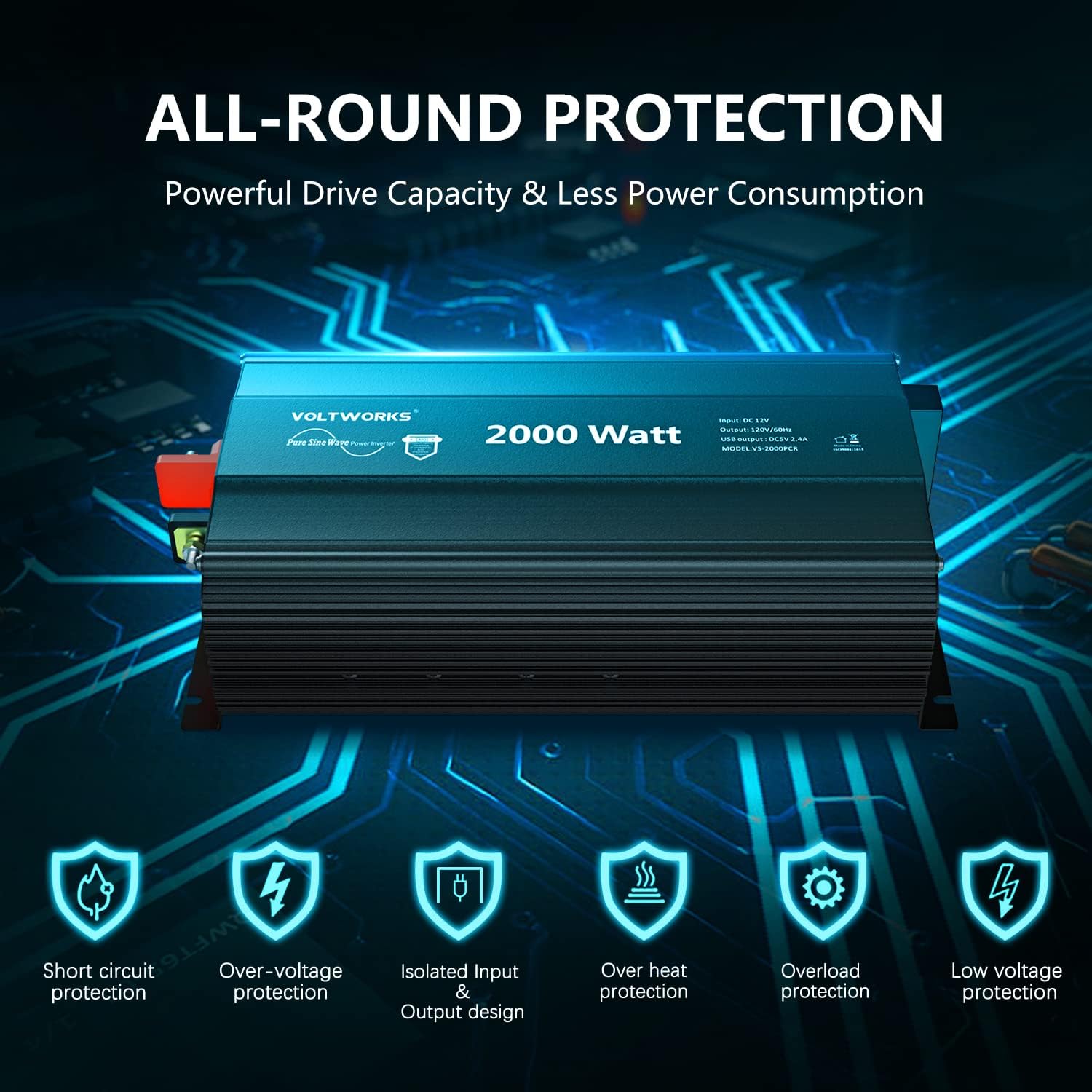 2000 Watt Pure Sine Wave Inverter 12V DC to 110V 120V AC Power Inverter | UL Fuses and 20A AC Hardwire Terminal