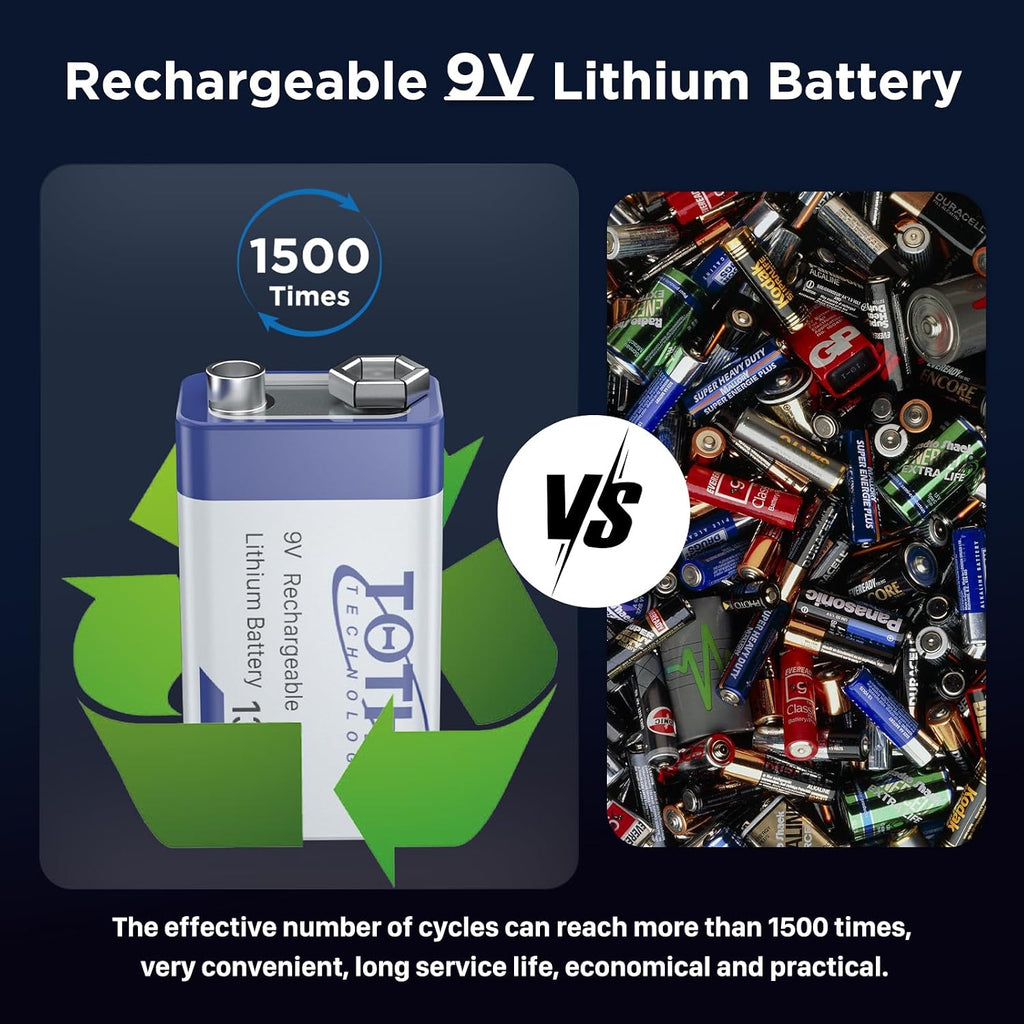 4-Packs 9V Rechargeable Batteries+Storage Box,1300mAh USB 9 Volt Lithium Batteries 2 in 1 Charging Cable Long Lasting