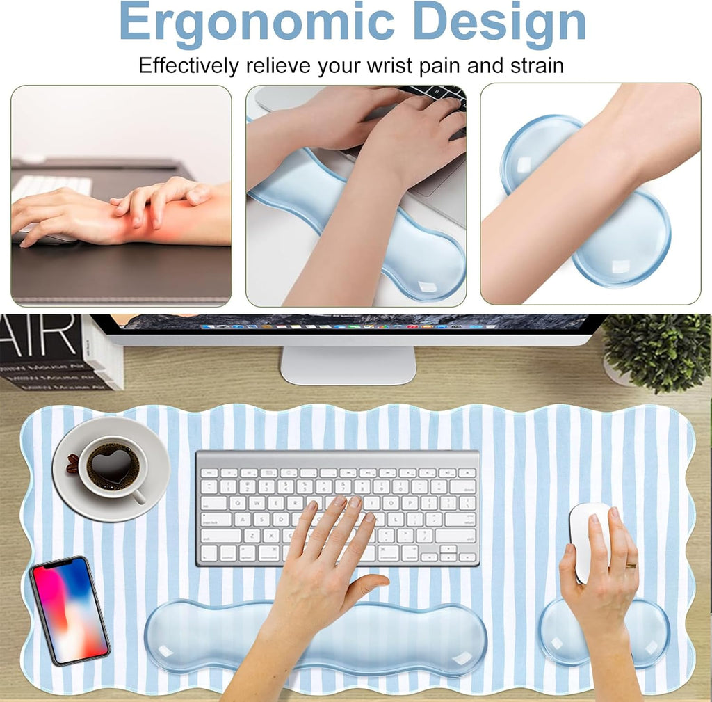 Blue Striped Mouse Pad Set,Scalloped XXL Desk Mat + Ergonomic Mouse Wrist Rest + Gel Keyboard Wrist Rest for Keyboard