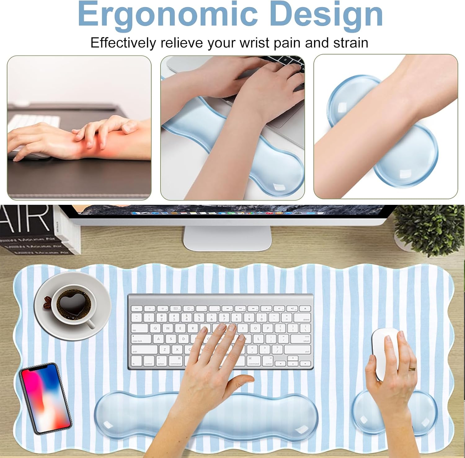 Blue Striped Mouse Pad Set,Scalloped XXL Desk Mat + Ergonomic Mouse Wrist Rest + Gel Keyboard Wrist Rest for Keyboard