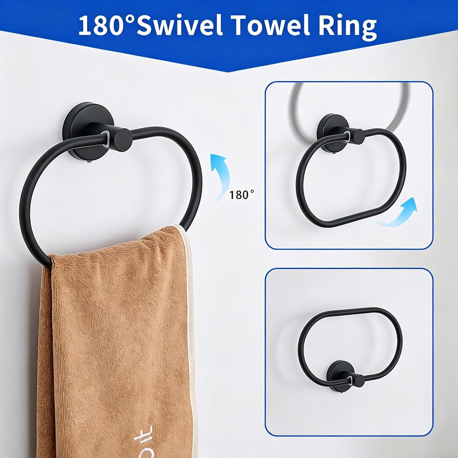 7-Piece Bathroom Hardware Accessories Set, SUS304 Towel Bar, Black | 25.9-Inch Towel Rack, Oval Towel Ring, Toilet
