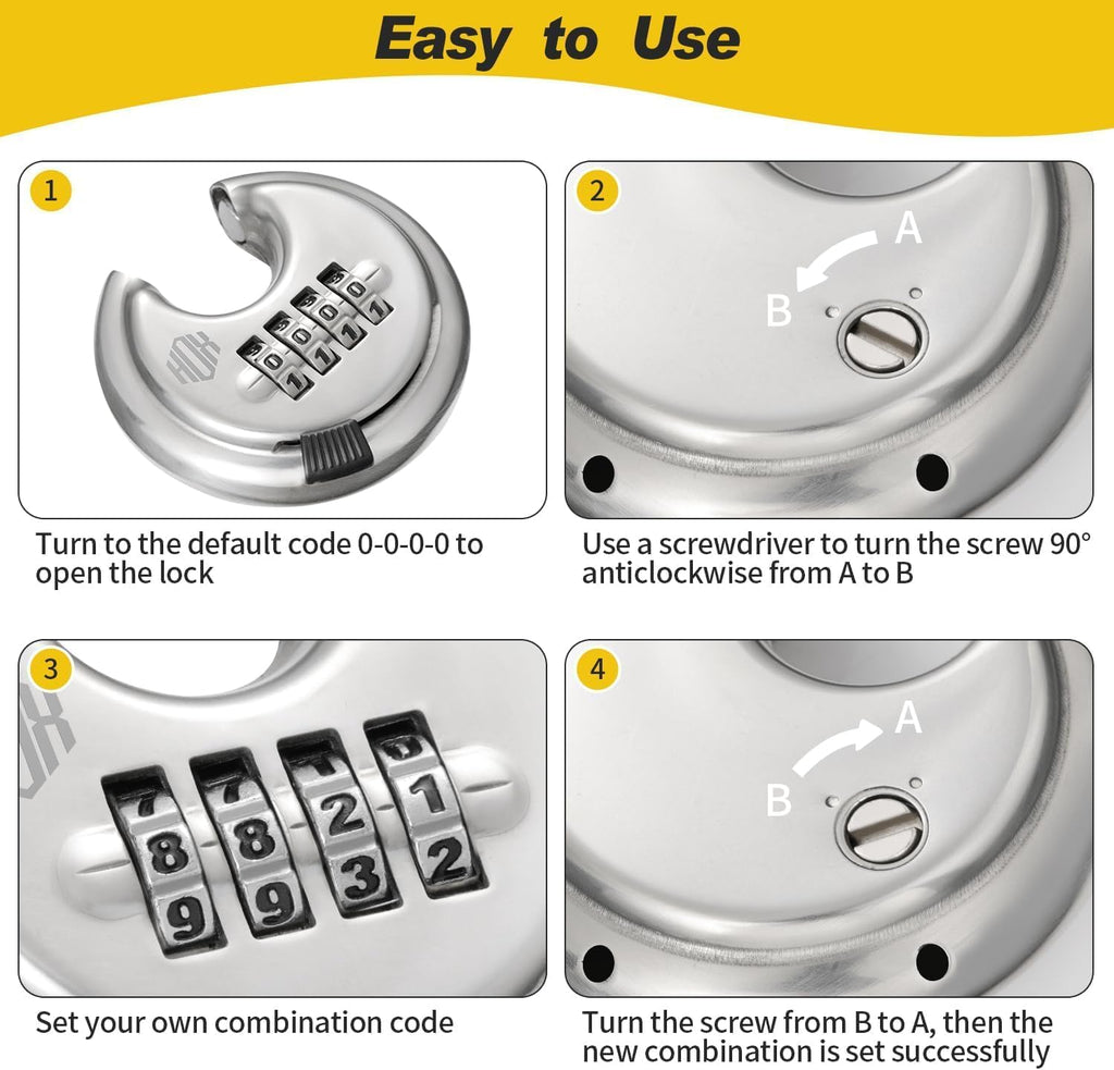 Combination Lock, 4 Digit Disc Padlock with 3/8 Inch Hardened Steel Shackle, 2-3/4 Inch Wide Body, Keyless Heavy Duty
