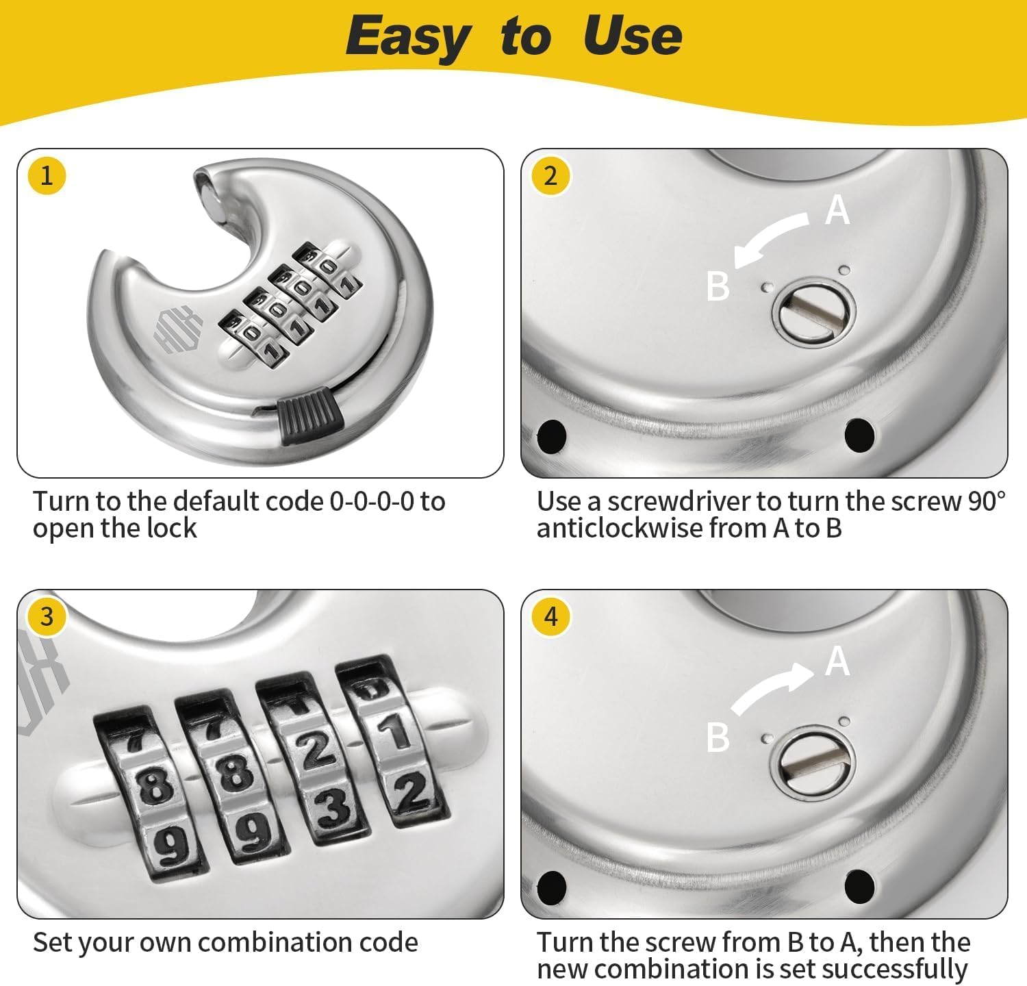 Combination Lock, 4 Digit Disc Padlock with 3/8 Inch Hardened Steel Shackle, 2-3/4 Inch Wide Body, Keyless Heavy Duty