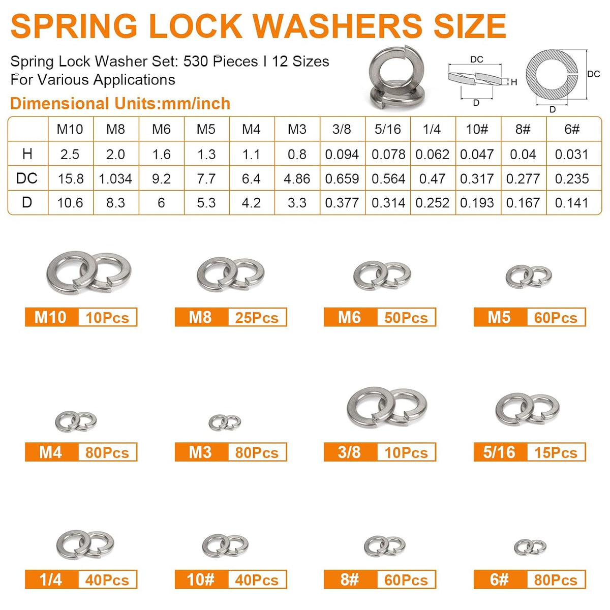 530Pcs Metric & SAE Spring Lock Washer Kit 304 SS M3-M10 6#-3/8"
