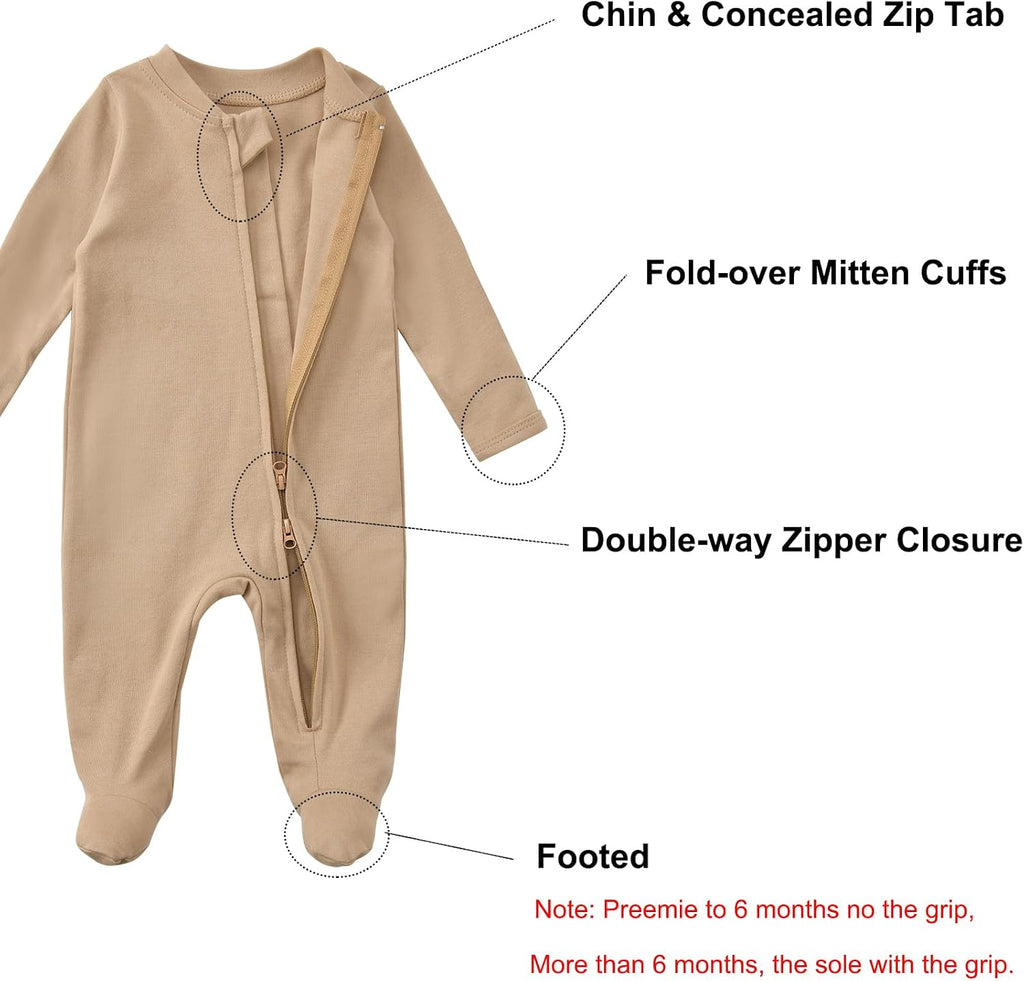 Baby Footie Pajamas Cotton with Mitten Cuffs, Double Zipper