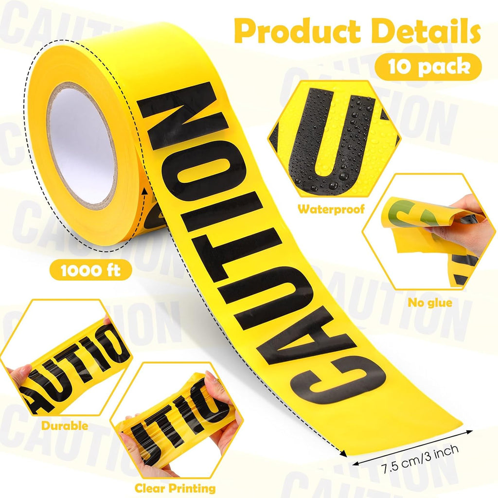10 Rolls 3 Inch X 1000 Feet Caution Tape Waterproof,Yellow,Caution | Safety Warning for Danger Hazardous Area, Bulk