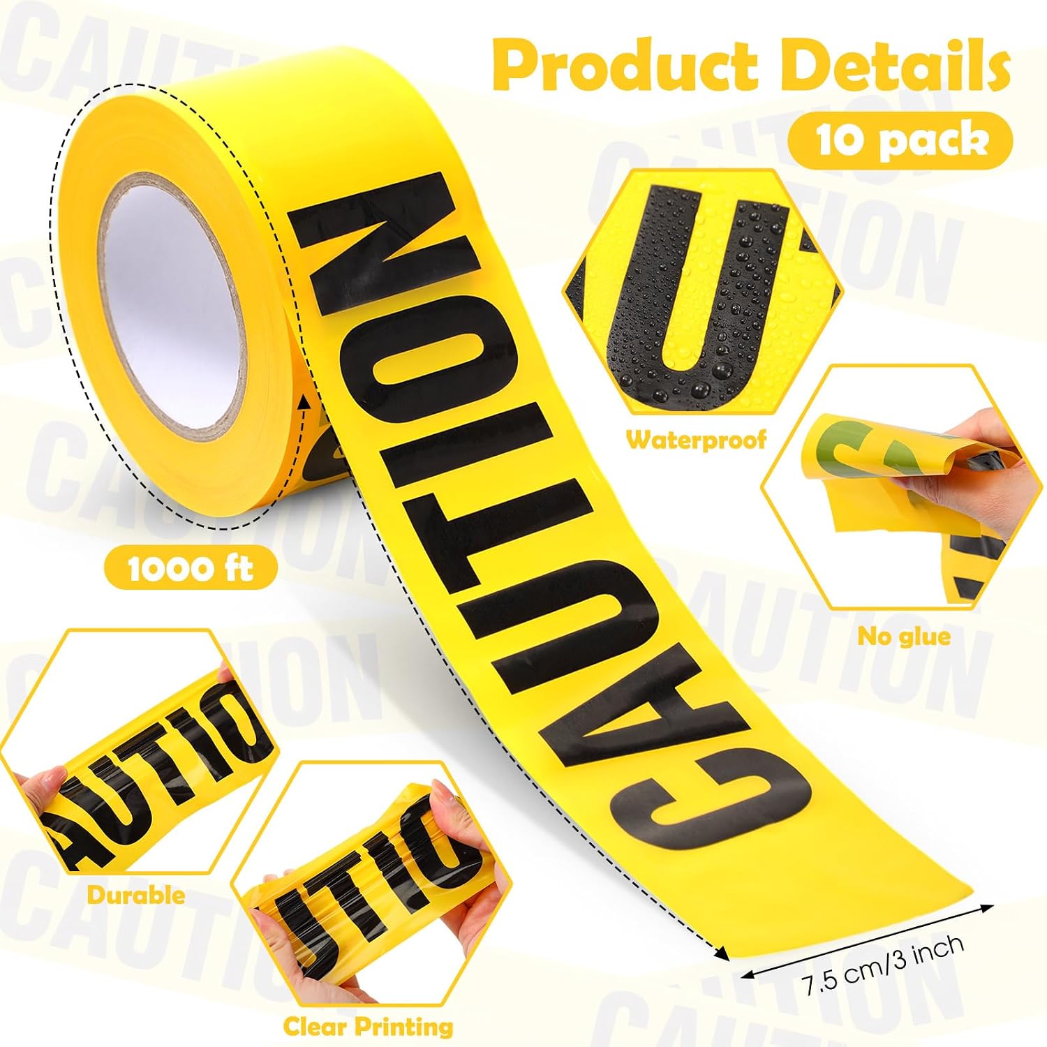 10 Rolls 3 Inch X 1000 Feet Caution Tape Waterproof,Yellow,Caution | Safety Warning for Danger Hazardous Area, Bulk