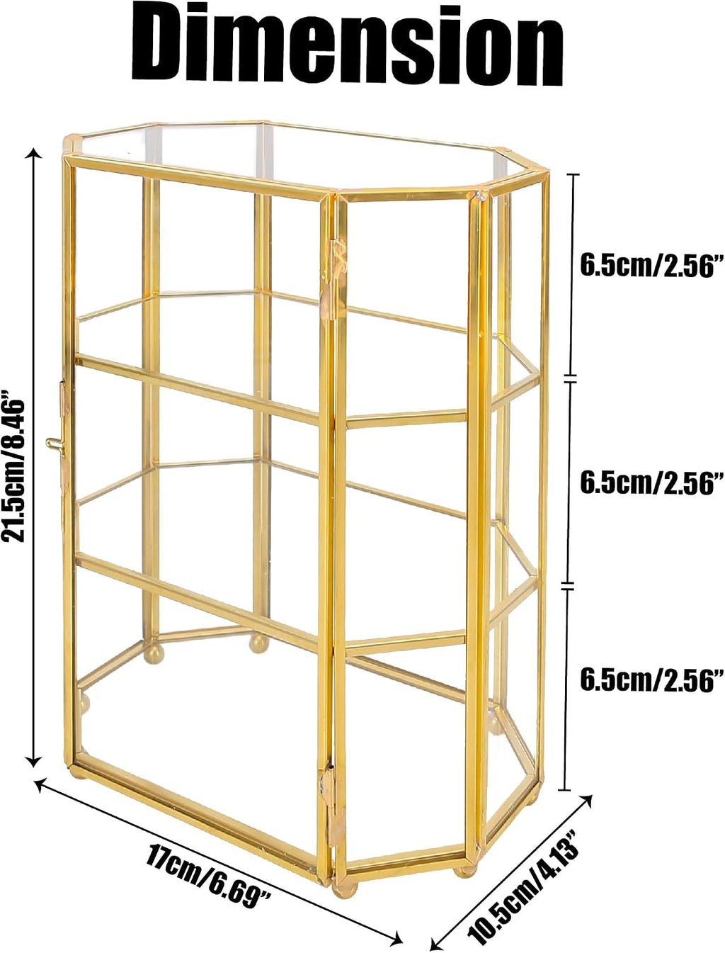 Glass Jewelry Display Case 6.7x4x8.4 inches Small Cabinet, 3-Tier Geometric Box Keepsake Trinket for Rings, Earrings