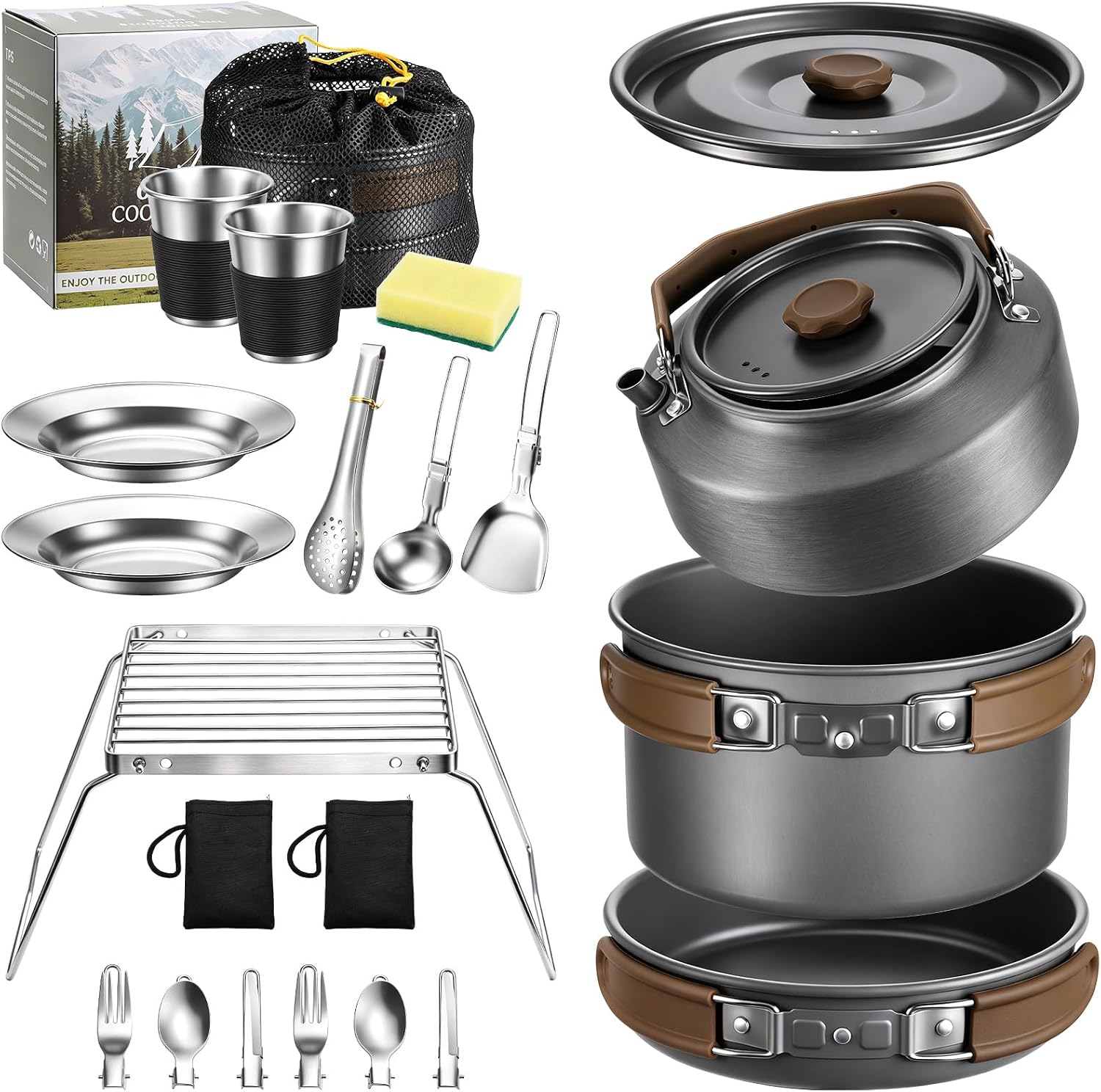 18PCS Camping Cookware Set, Camping Cooking Pot Pan Mess Kit | Camp Cooking Essentials Equipment Accessories with