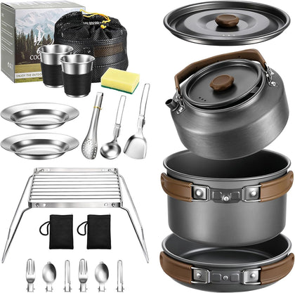 18PCS Camping Cookware Set, Camping Cooking Pot Pan Mess Kit | Camp Cooking Essentials Equipment Accessories with
