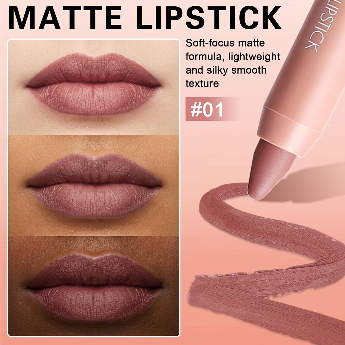 2-in-1 Matte Lip Crayon Nude Lipstick & Liner with Lip Brush, #01