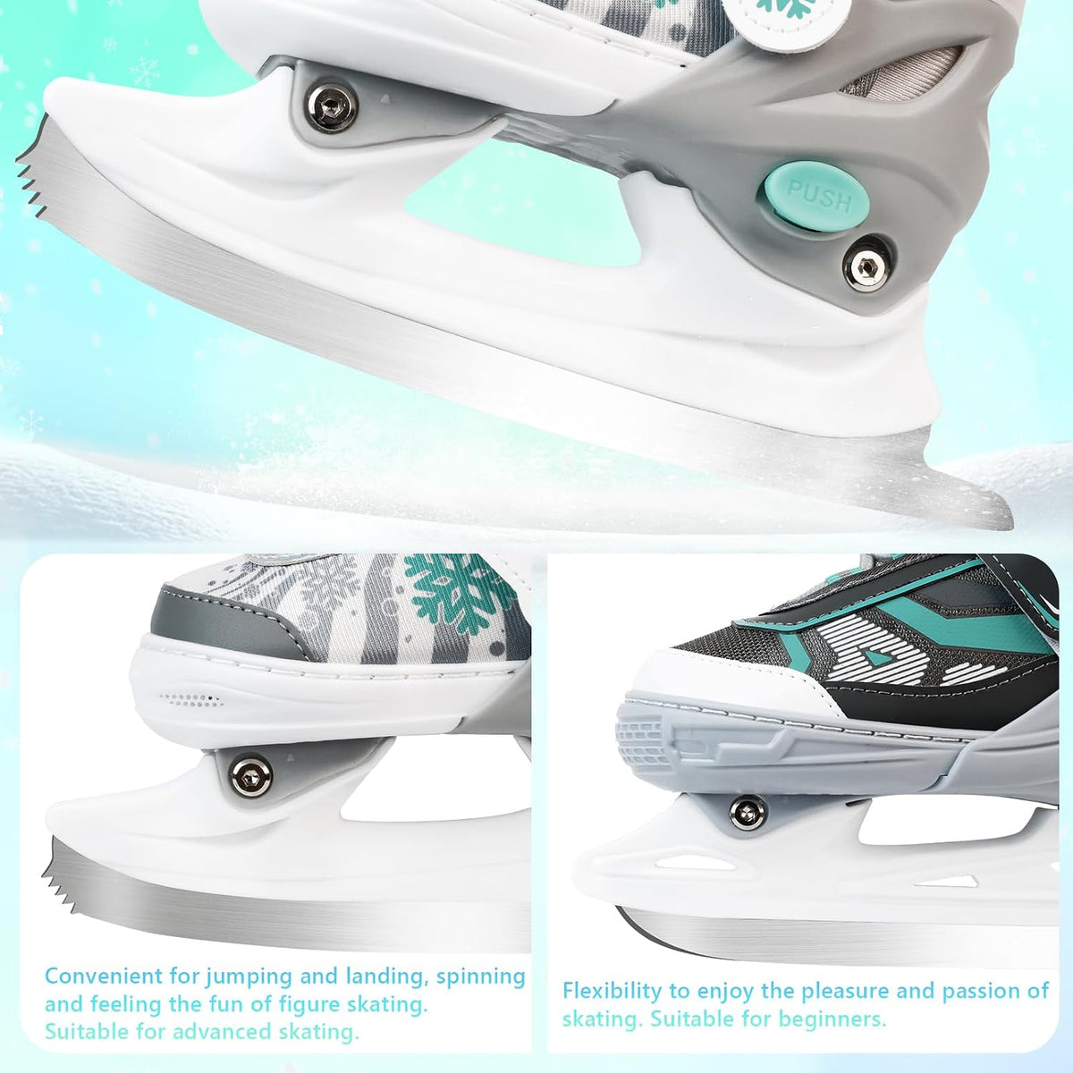 Adjustable Ice Skates for Kids Boys Girls - Warm Fleece Lined, 4 Size Adjustable Beginner Snowflake Blades Ankle