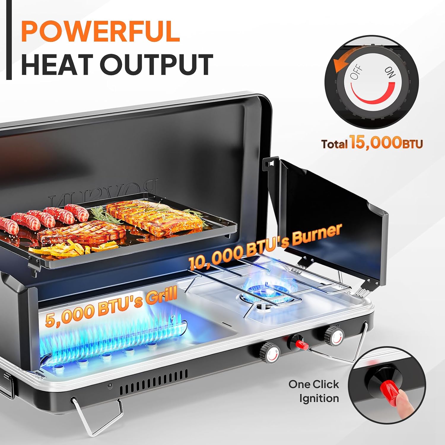 2-in-1 Portable Camping Stove & Propane Grill with Enamel Griddle & Piezo Igniter, Tabletop Camp Stove with Built-in