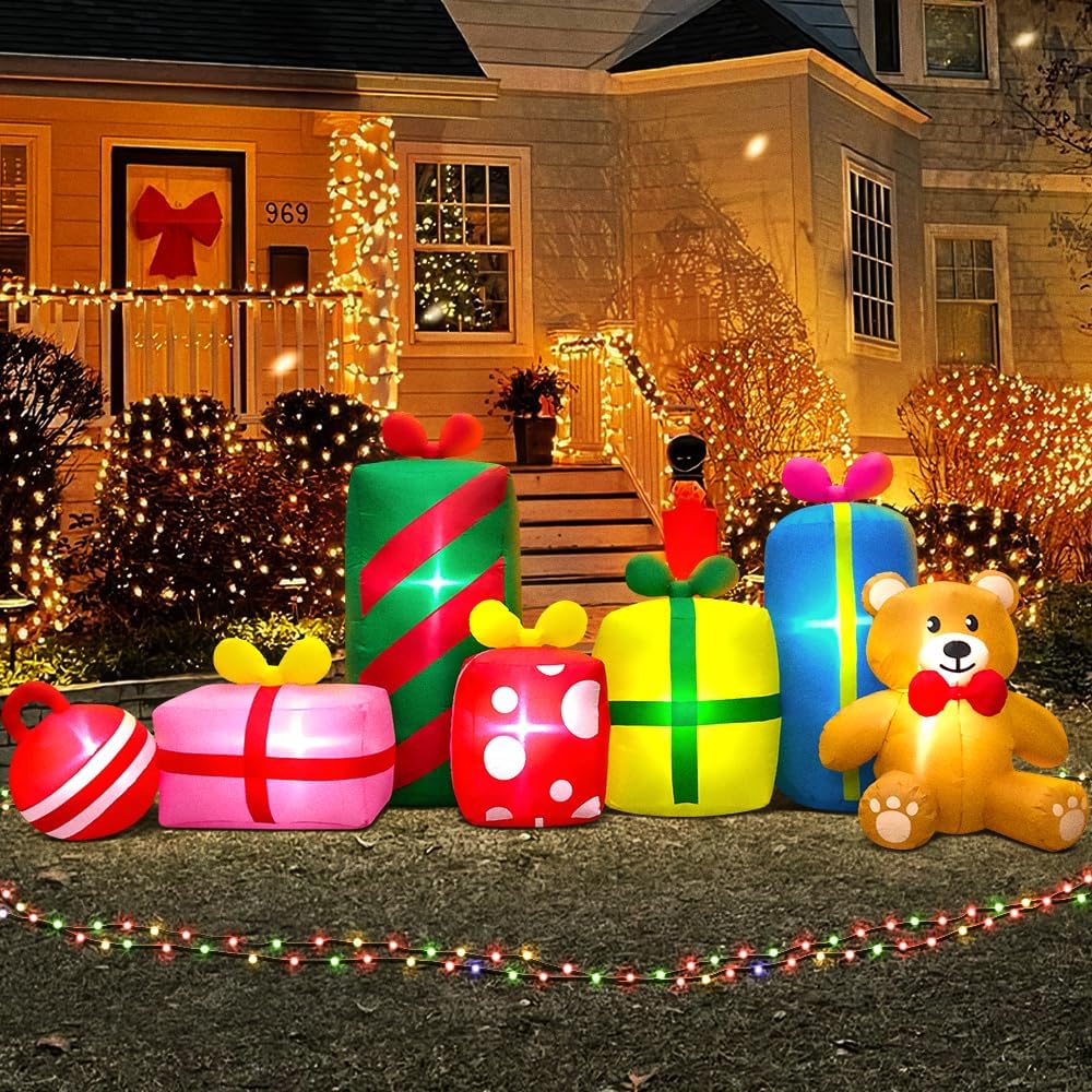 10FT Giant Christmas Inflatables Outdoor Decorations Gift Boxes and Bear,Blow up Yard Decorations with LED Light for