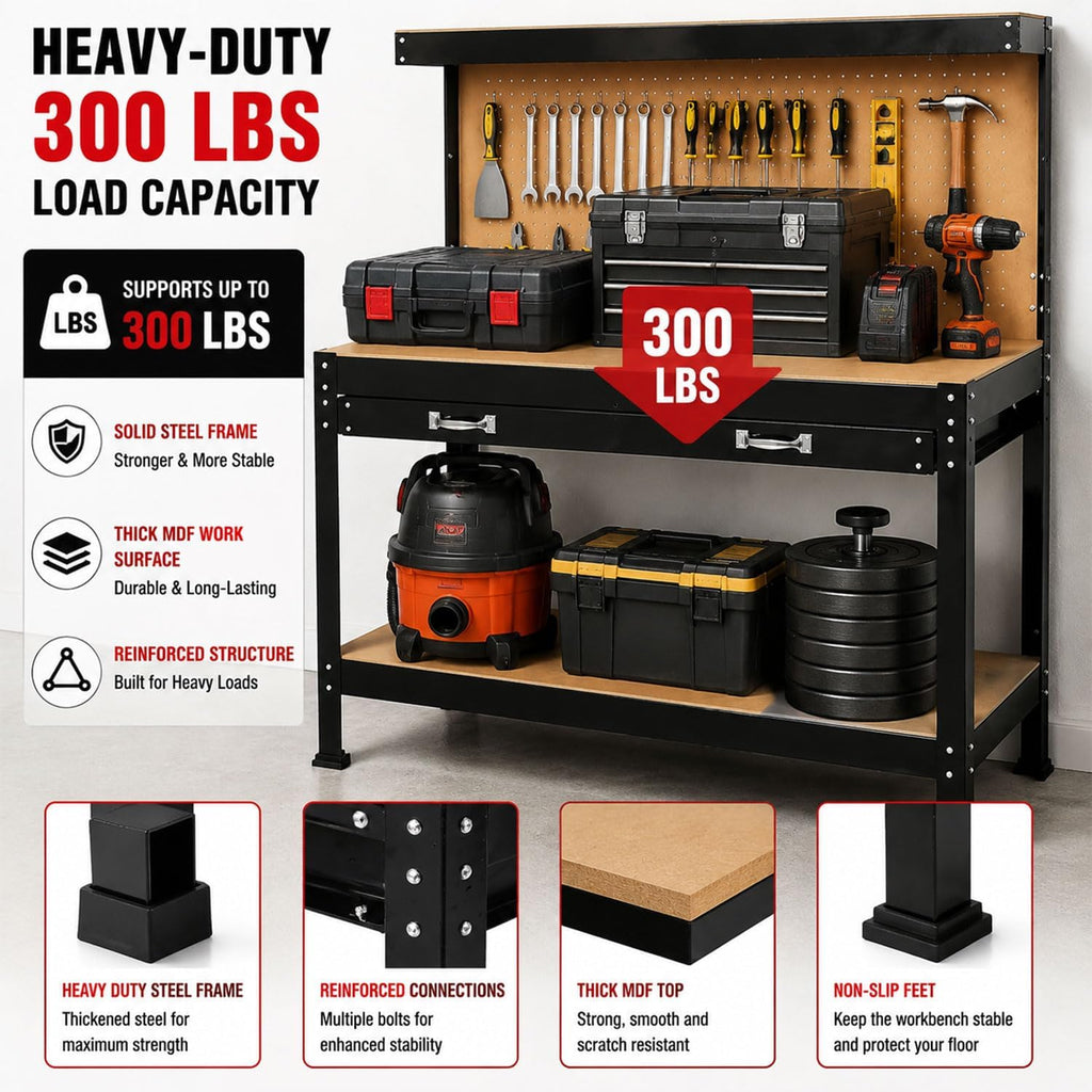63" Heavy Duty Workbench with Peg Board, Drawer & Storage Shelf, Steel Workshop Tool Table with MDF Top for Garage