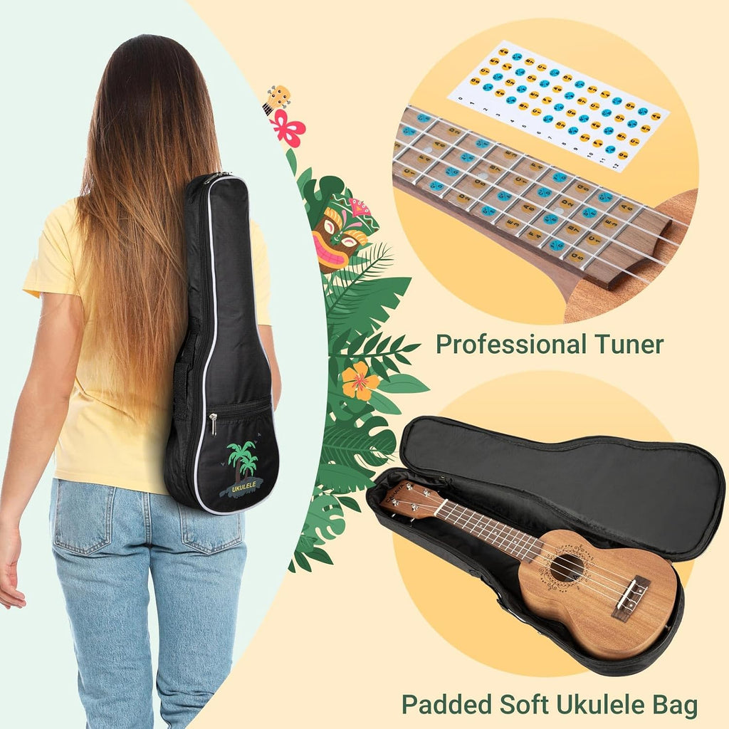 Ukulele Kit Beginner 21" Mahogany Soprano for Adults Kids Gift | Ukulele Starter Set with Gig Bag Rainbow Strap