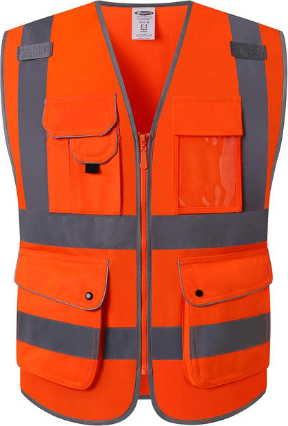 Safety Vest for Men Women Reflective Hi Vis JK150 Orange XL | ANSI Class 2, 9 Pockets, 4 Reflective Strips High
