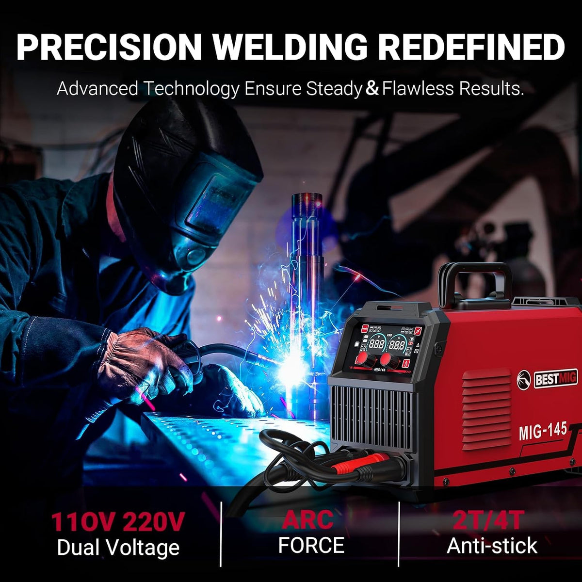 BESTMIG 145A 4-in-1 Multi-Process Welder, 110V/220V MIG/TIG/MMA/Stick Welding Machine, Gas & Gasless Flux Core Welder