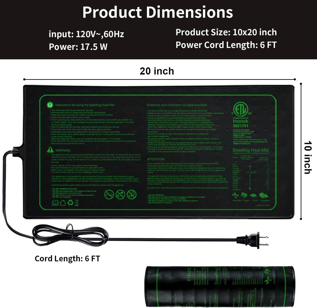 10"x20" Seedling Heat Mat for Seed Starting and Germination | Durable Waterproof Hydroponic Heating Pad with ETL