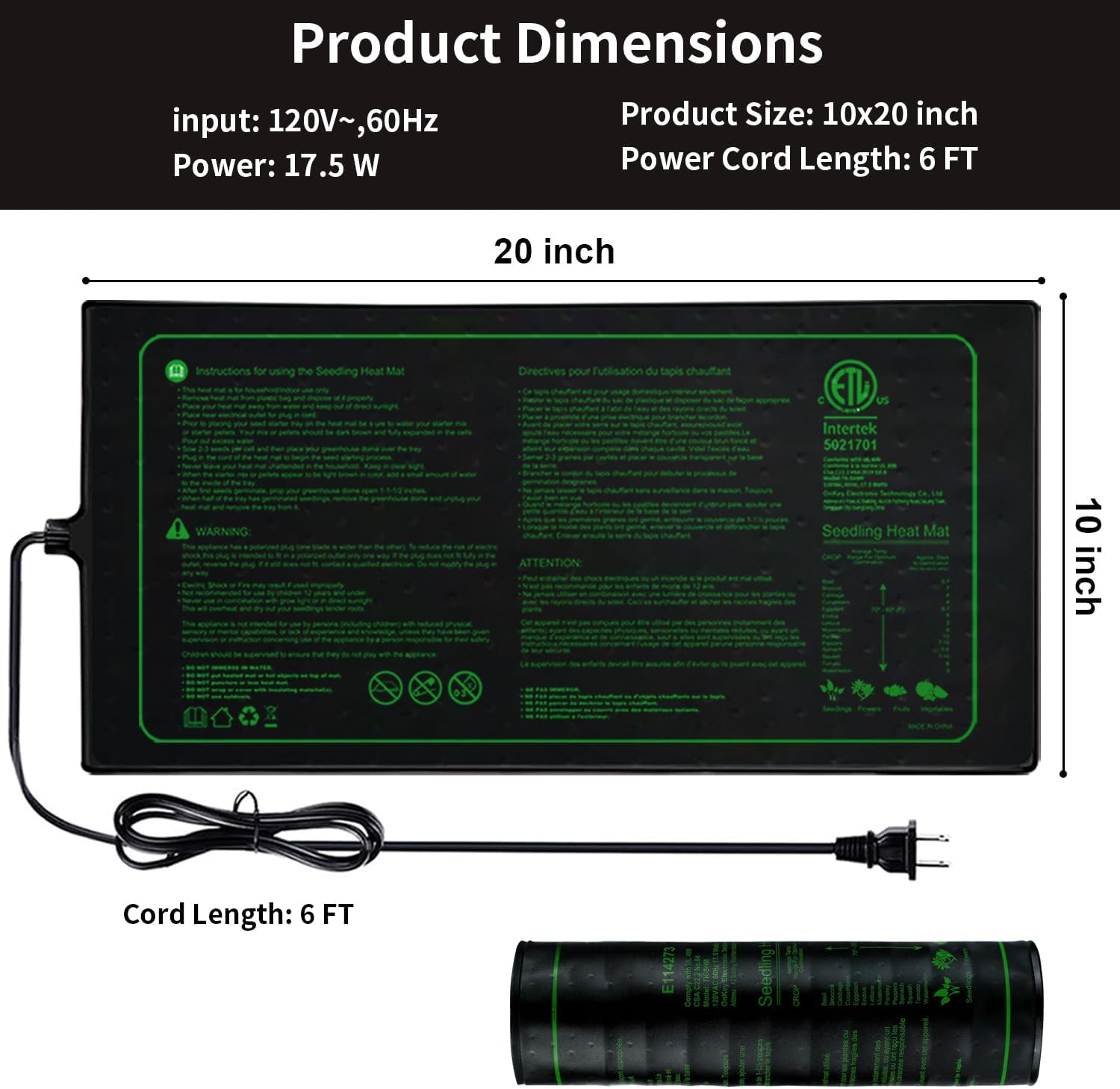 10"x20" Seedling Heat Mat for Seed Starting and Germination | Durable Waterproof Hydroponic Heating Pad with ETL