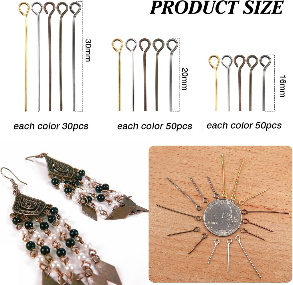 TOAOB 650pcs Eye Pins for Jewelry Making 16mm 20mm 30mm Mixed Color Metal Head Pins Findings for DIY Crafts Necklaces