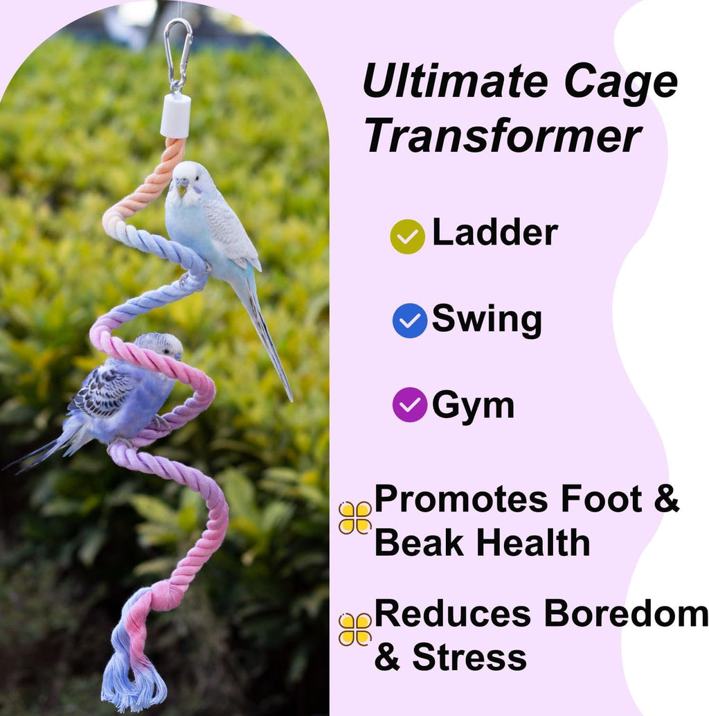 31.5" Bendable Bird Perch Cotton Rope Rainbow Bird Toy Twistable Ladder Swing Chewable Gym for Parakeets Cockatiels