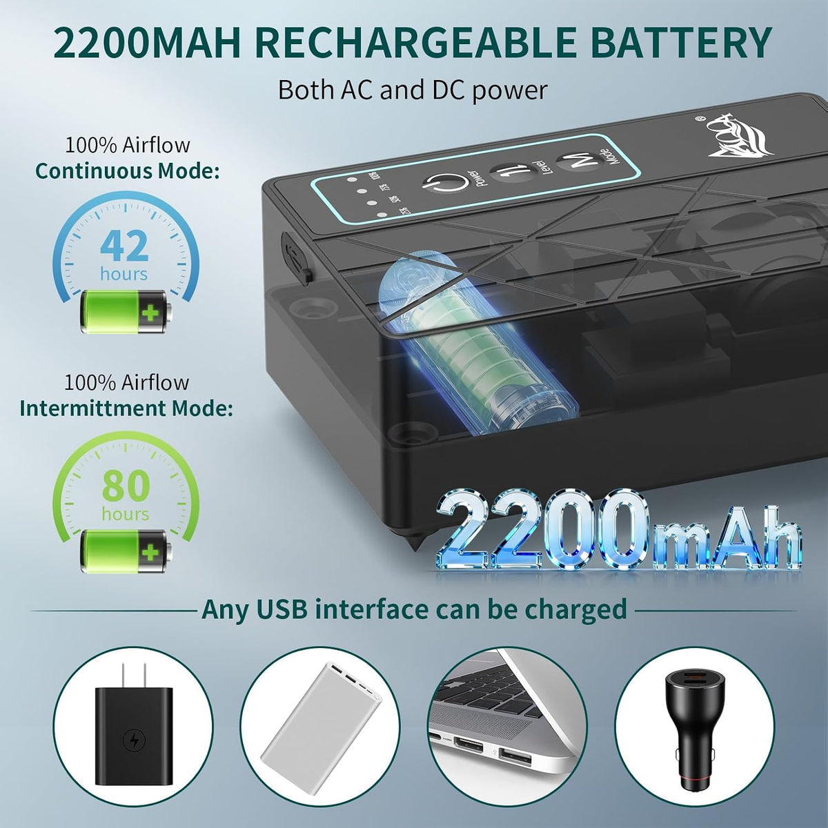 30GPH USB Rechargeable Aquarium Air Pump, Silent Flow Oxygen Aerator