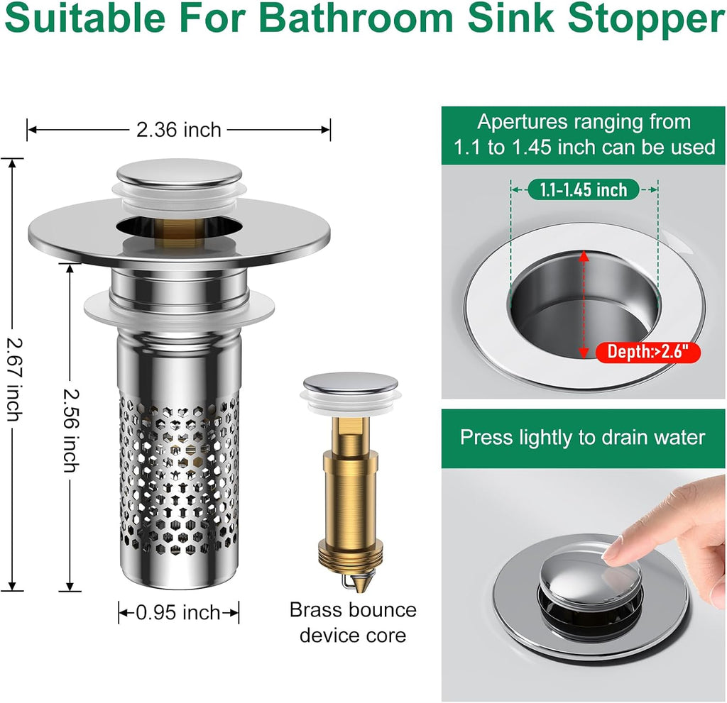 Bathroom Sink Drain Strainer,Universal Pop-Up Sink Stopper Hair Catcher, Anti-Clog Stainless Steel Drain Filter