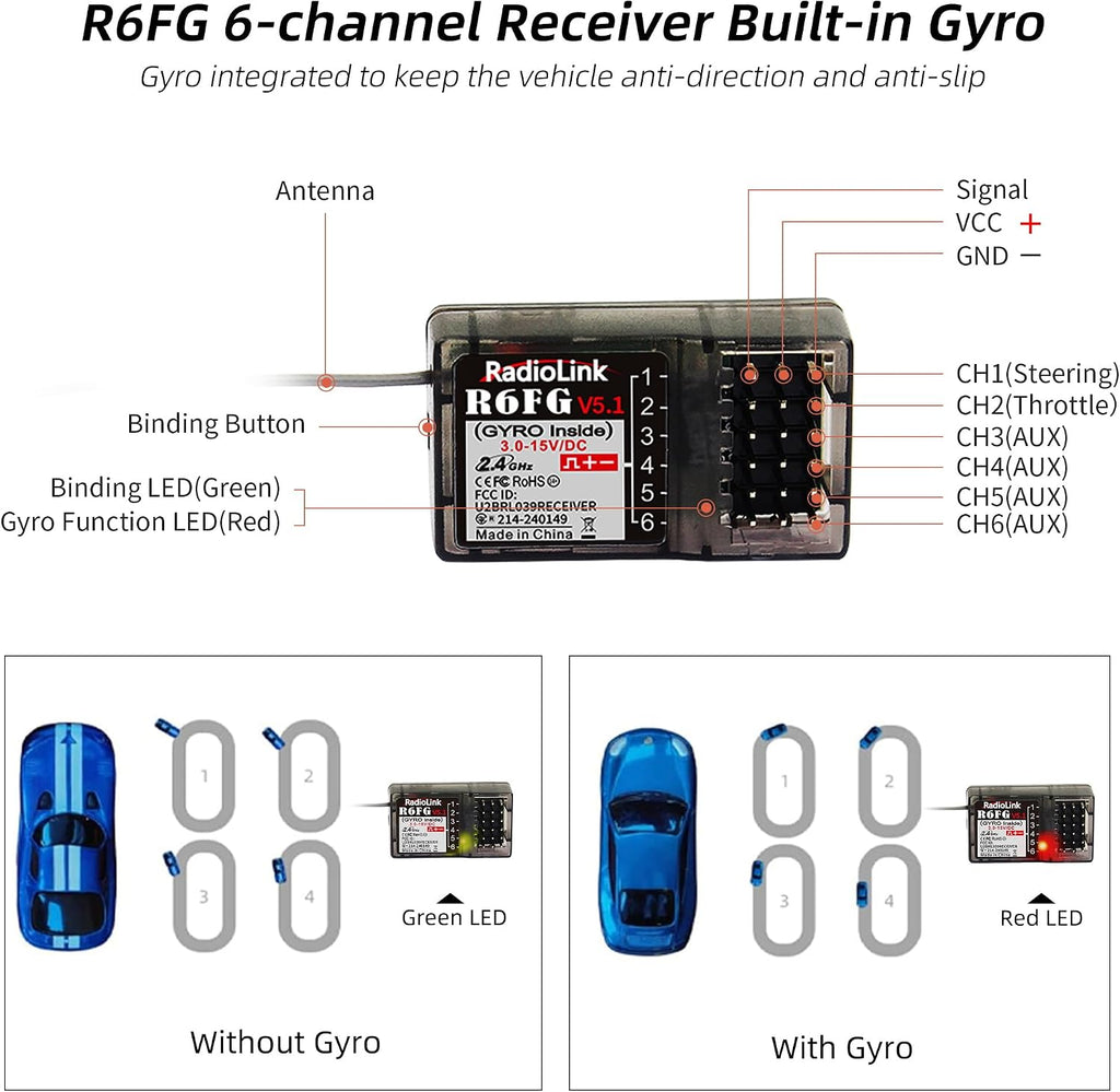 R6FG 6 Channels 2.4G RC Gyro Receiver Long Range Control for Car | for Vehicle Drifting/Crawler/Truck/Boat Works with