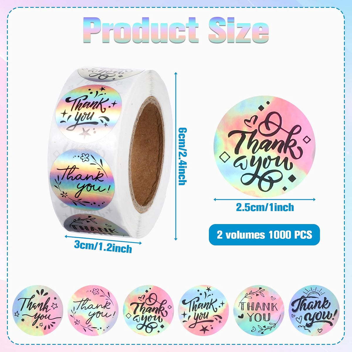 Thank You Stickers 1000pcs, 1 Inch Holographic Round Thank You Stickers