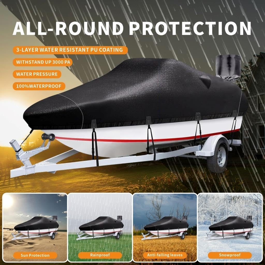 Boat Covers 16-18.5ft, Heavy Duty 800D PU Waterproof Trailerable Marine Grade Polyester Canvas, UV Resistant Bass