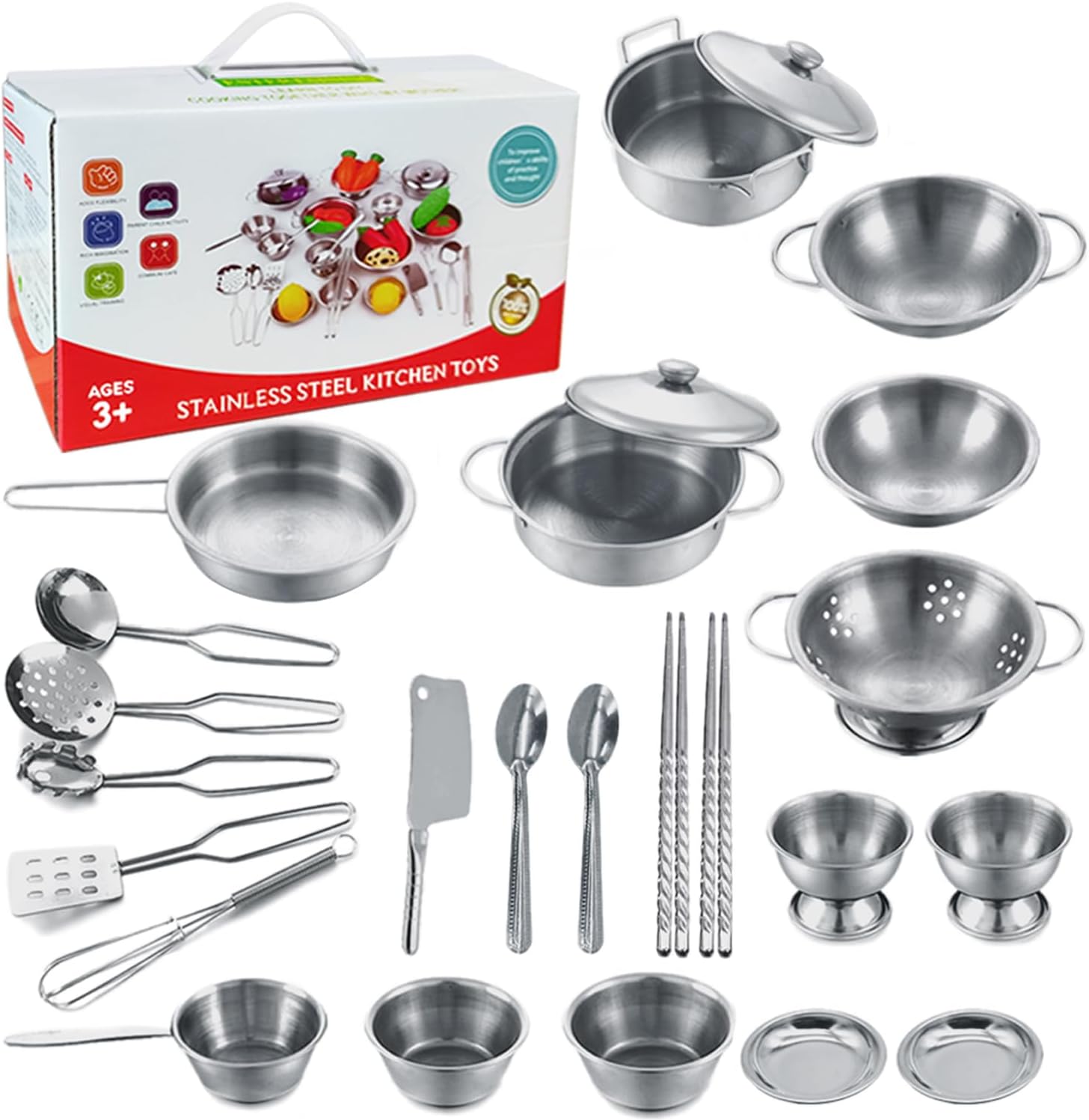 Tiny Classic Stainless Steel Kitchen Toys Cooking Utensils Set-Pretend Play Pots Pans Toy Cookware Kits for Kids