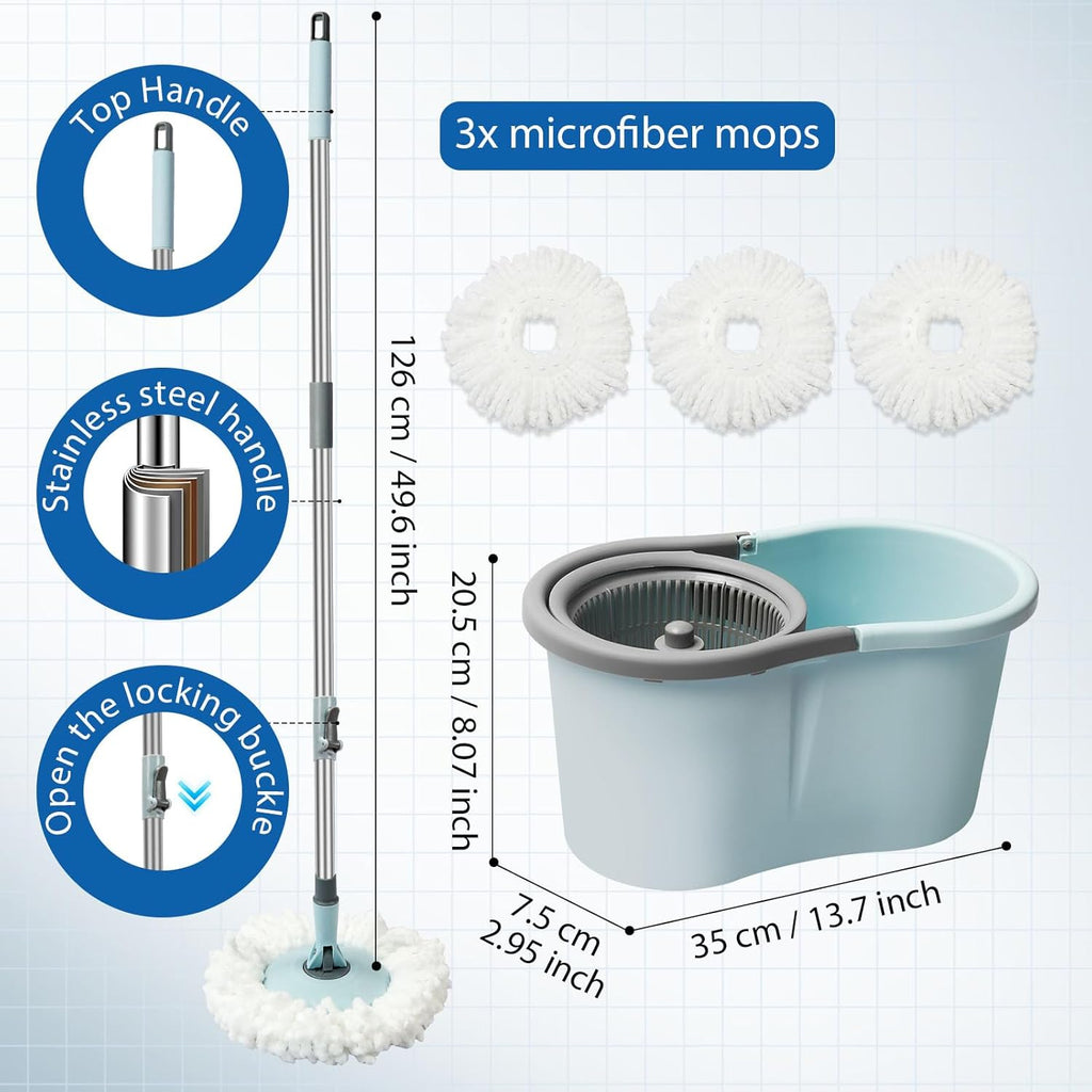 Spin Mop and Bucket, Mop and Bucket with Wringer Set for Home, 360 Spinning Mop Bucket Floor Cleaning Tool with 3