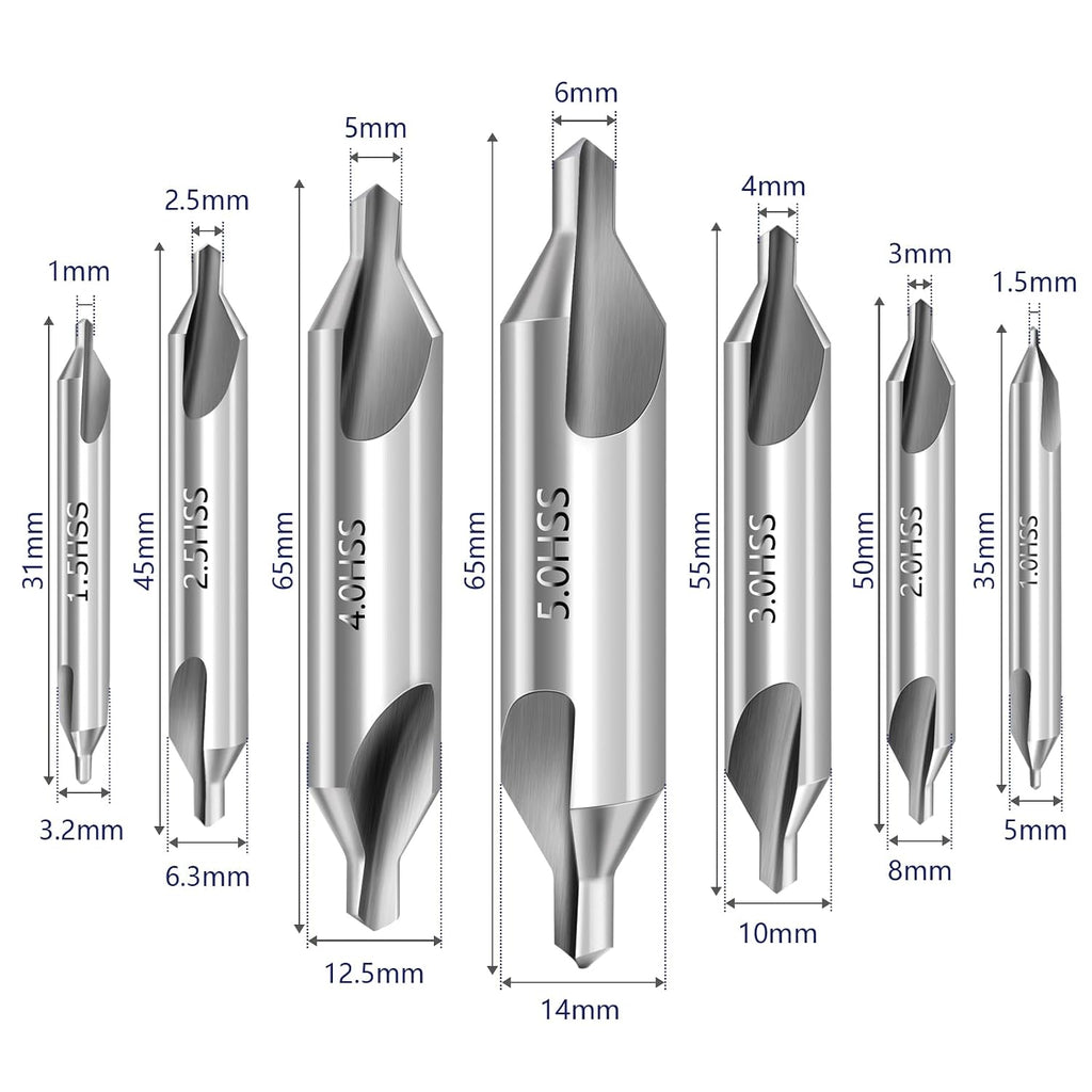 Center Drill Bit Set - M2 High Speed Steel Center Drill, 7pcs 60-Degree Angle Centering Drill Bits Countersink Tools for Lathe Metalworking in Size 1.0 1.5 2.0 2.5 3.0 4.0 5.0