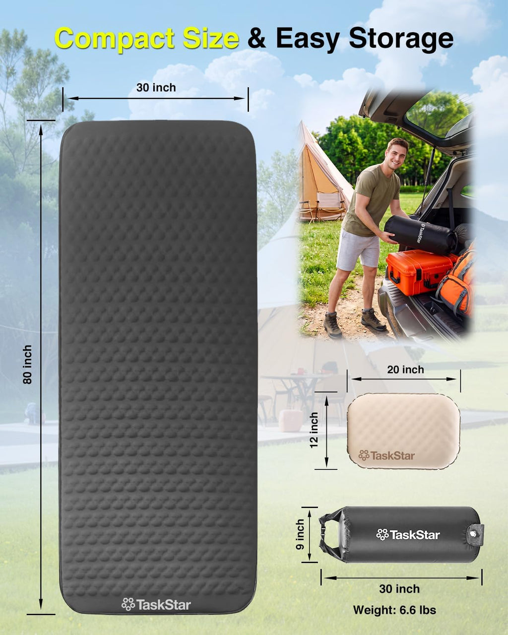 4" Self Inflating Sleeping Pad for Camping with Pillow, Electric Foam & Air Camping Sleeping Pad, 9.5 R-Value, 4