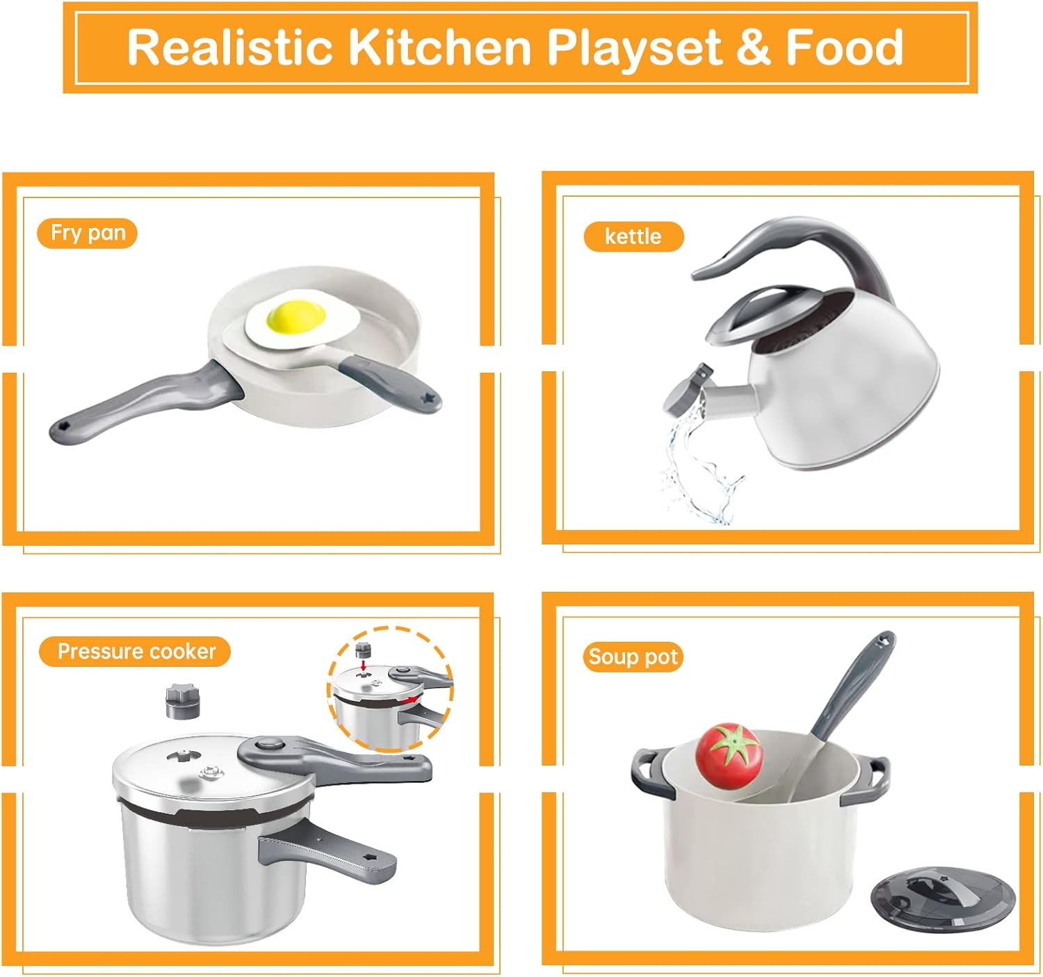 32Pcs Kids Play Kitchen Toys Set, Toddlers Pretend Cooking Playset Acccessories with Pots Pans, Utensils Cookware