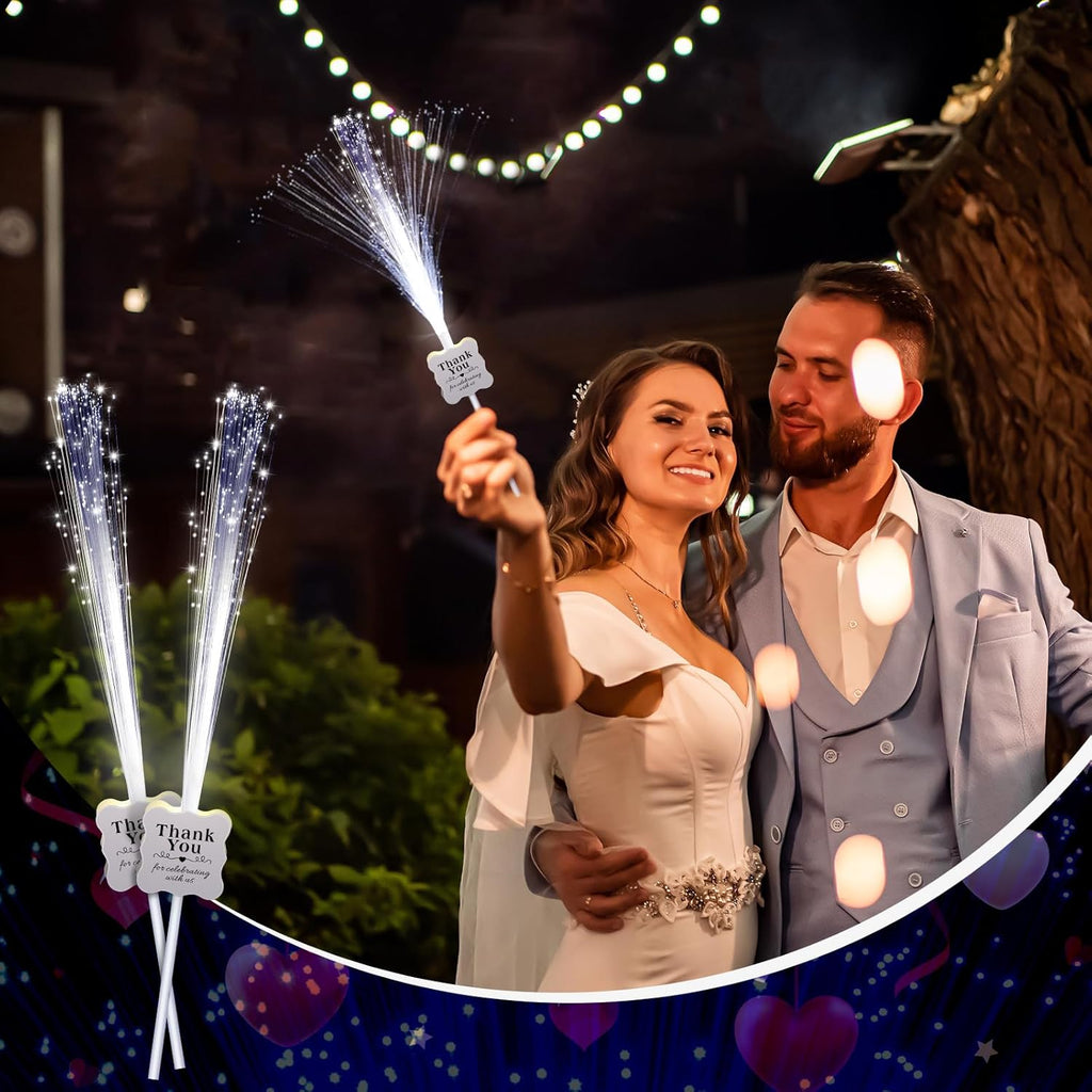 100 Pcs White Wedding Light up Sticks LED Sparklers Thank You Fiber Optic Glow Wands with 3 Mode for Send off