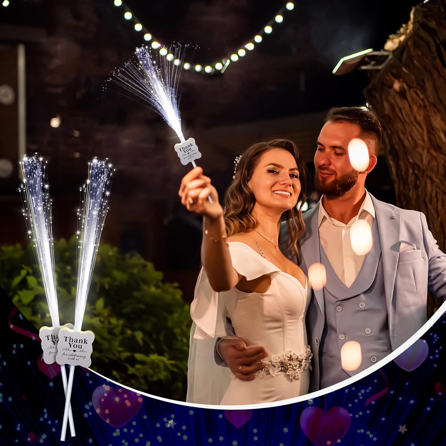 100 Pcs White Wedding Light up Sticks LED Sparklers Thank You Fiber Optic Glow Wands with 3 Mode for Send off