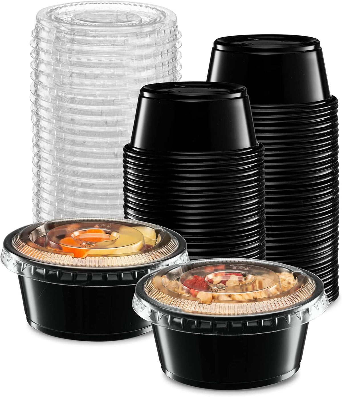{3.25 oz - 100 Sets} Black Diposable Plastic Portion Cups With Lids, Small Mini Containers For Portion Controll