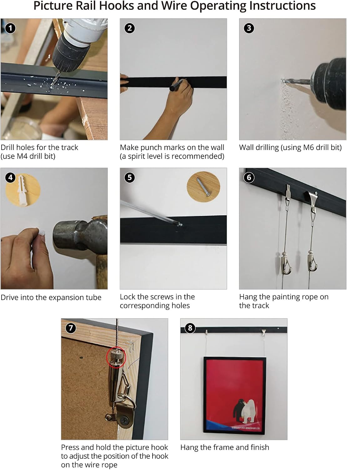 Picture Rail Hooks and Wire, 5 Set Molding Hooks Picture, Heavy Duty Stainless Steel S-Hook
