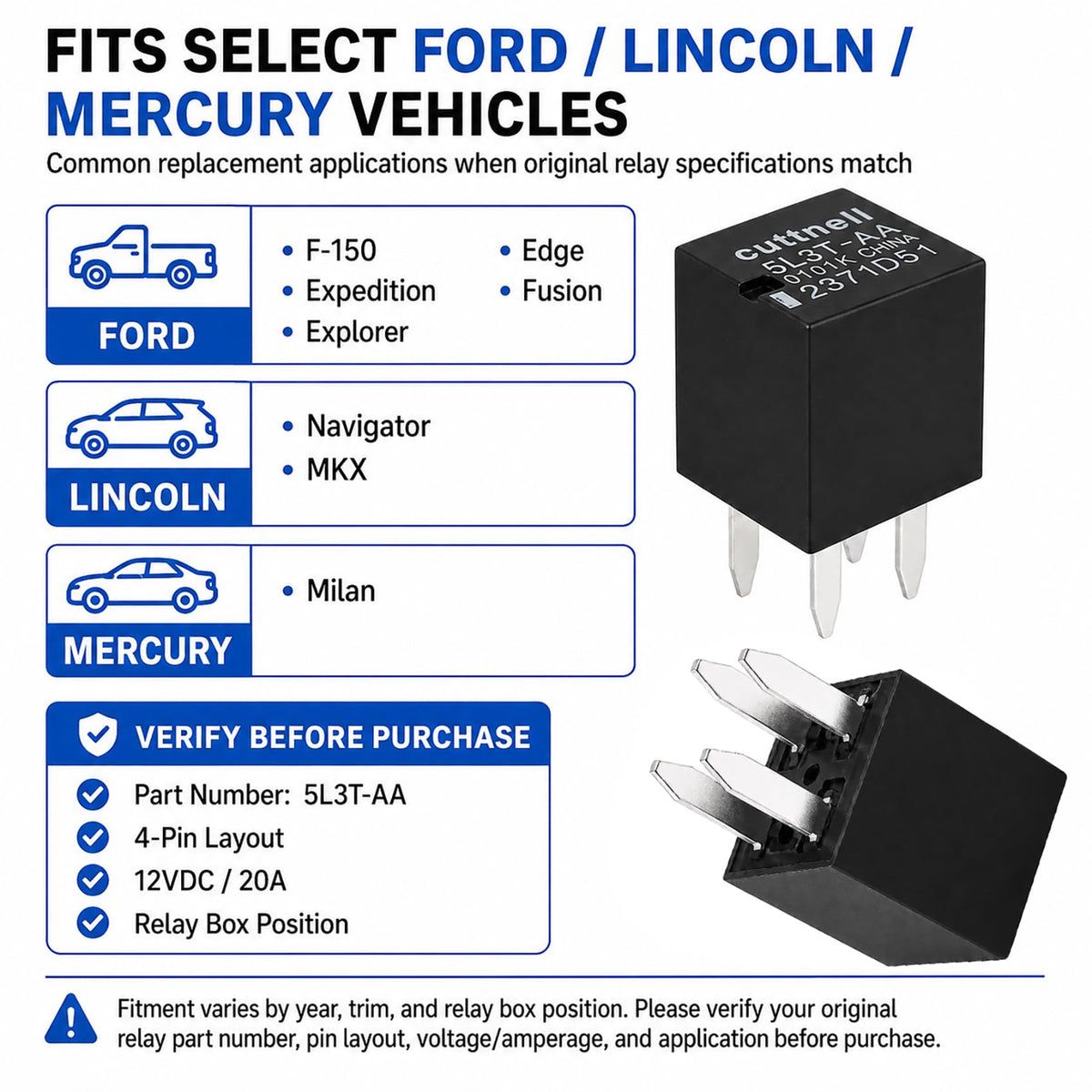 Cuttnell 4-Pack 5L3T-AA Relay 12V 20A 4-Pin