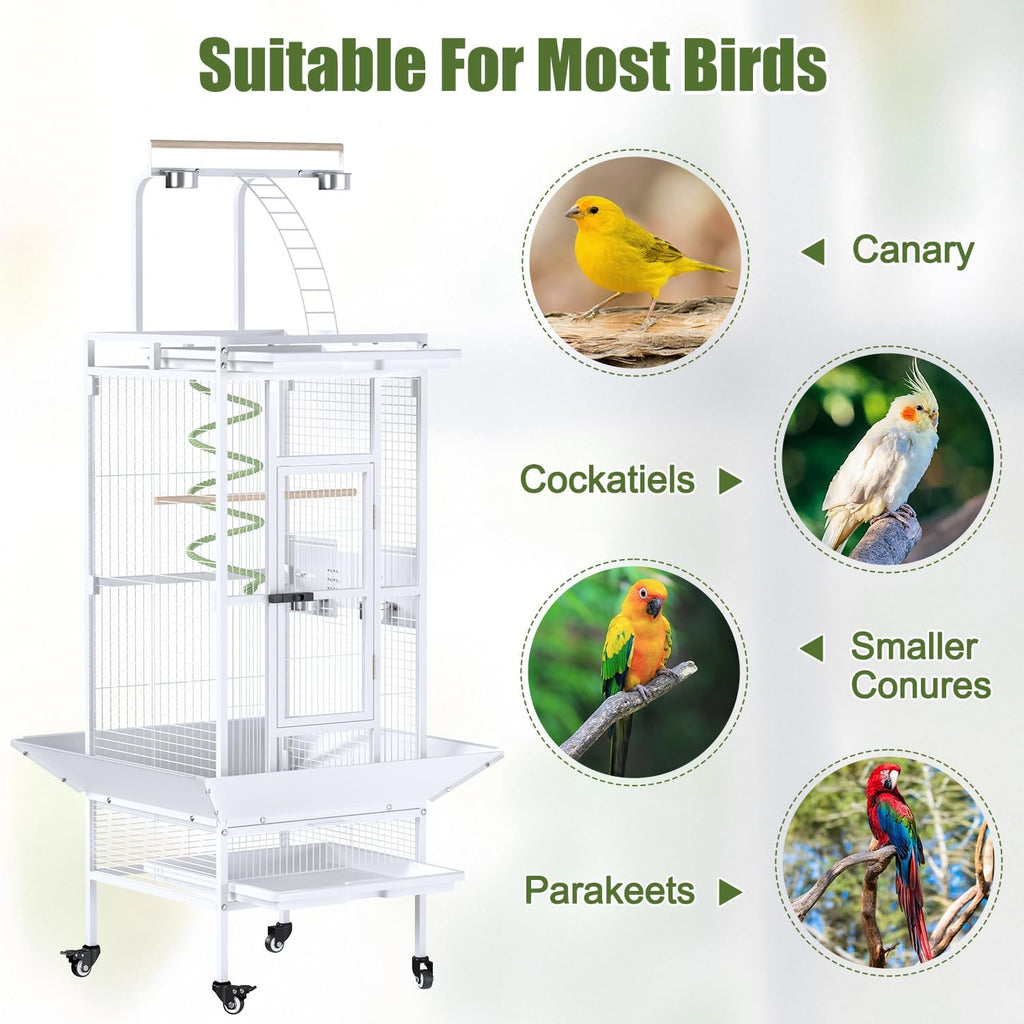 61 Inch Wrought Iron Large Bird Cage with Rolling Stand, Heavy-Duty Parakeet Cage with Pull-Out Tray and Wheels