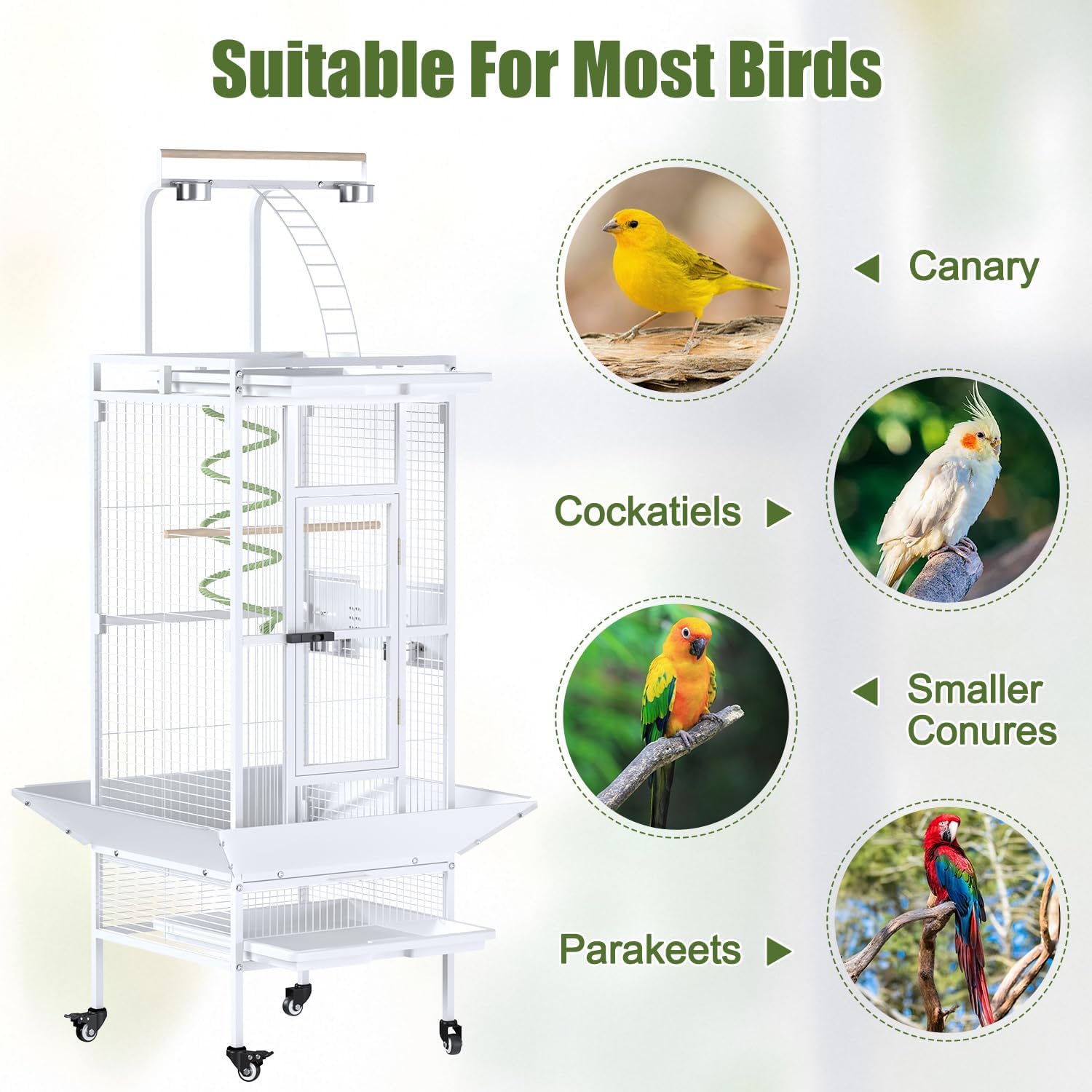 61 Inch Wrought Iron Large Bird Cage with Rolling Stand, Heavy-Duty Parakeet Cage with Pull-Out Tray and Wheels