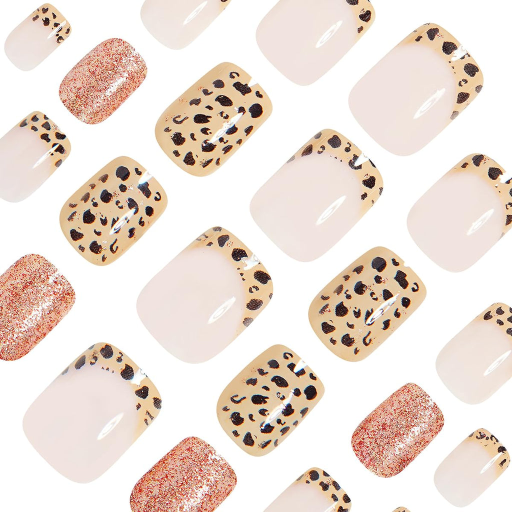 Fall Press On Nails Short Square with Leopard Golden Glitter