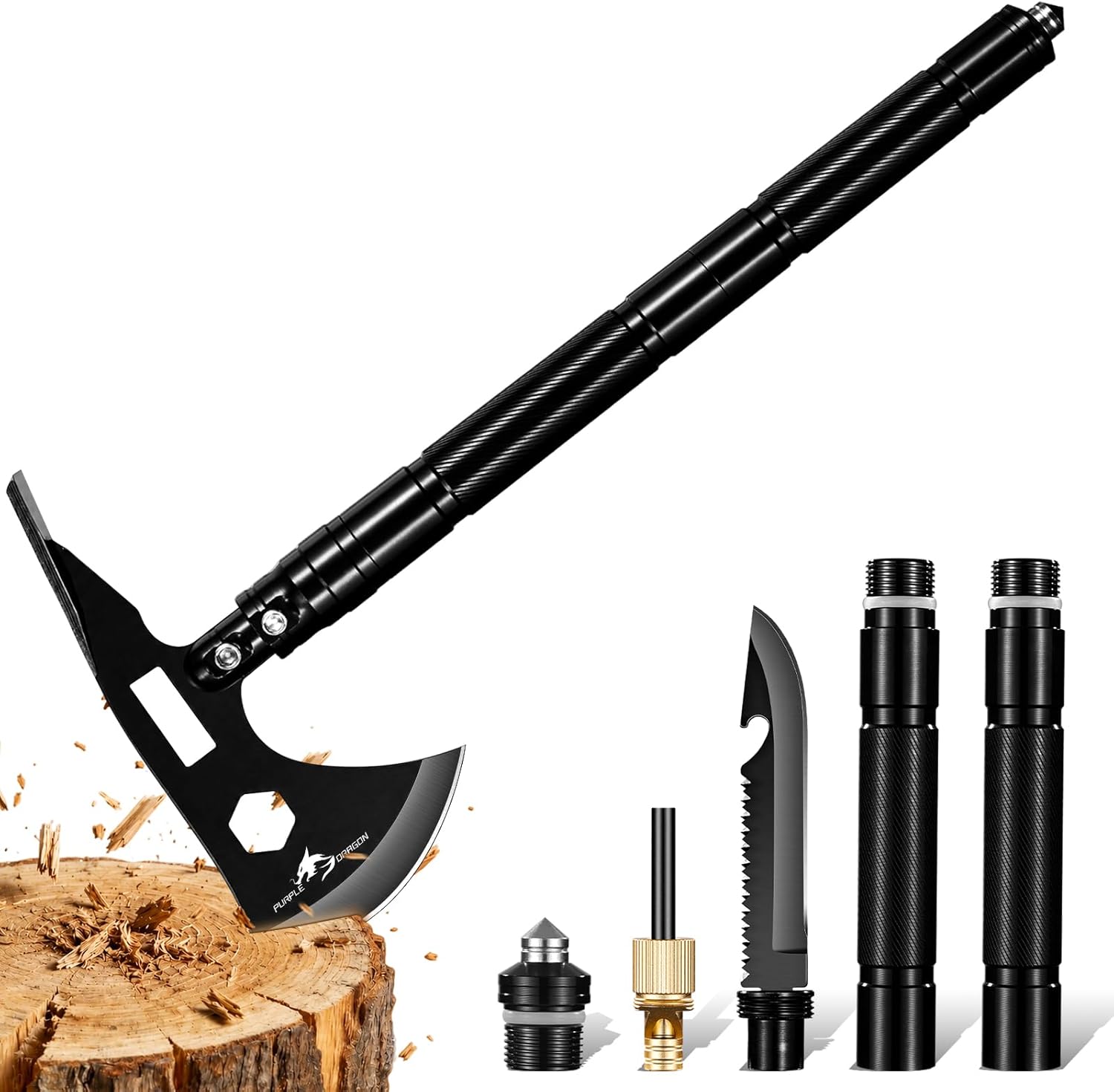Multi-Tool Tactical Hatchet Survival Axe with Hoe | 9-in-1 Tomahawk, Camping Axe Set for Bushcraft Backpacking &